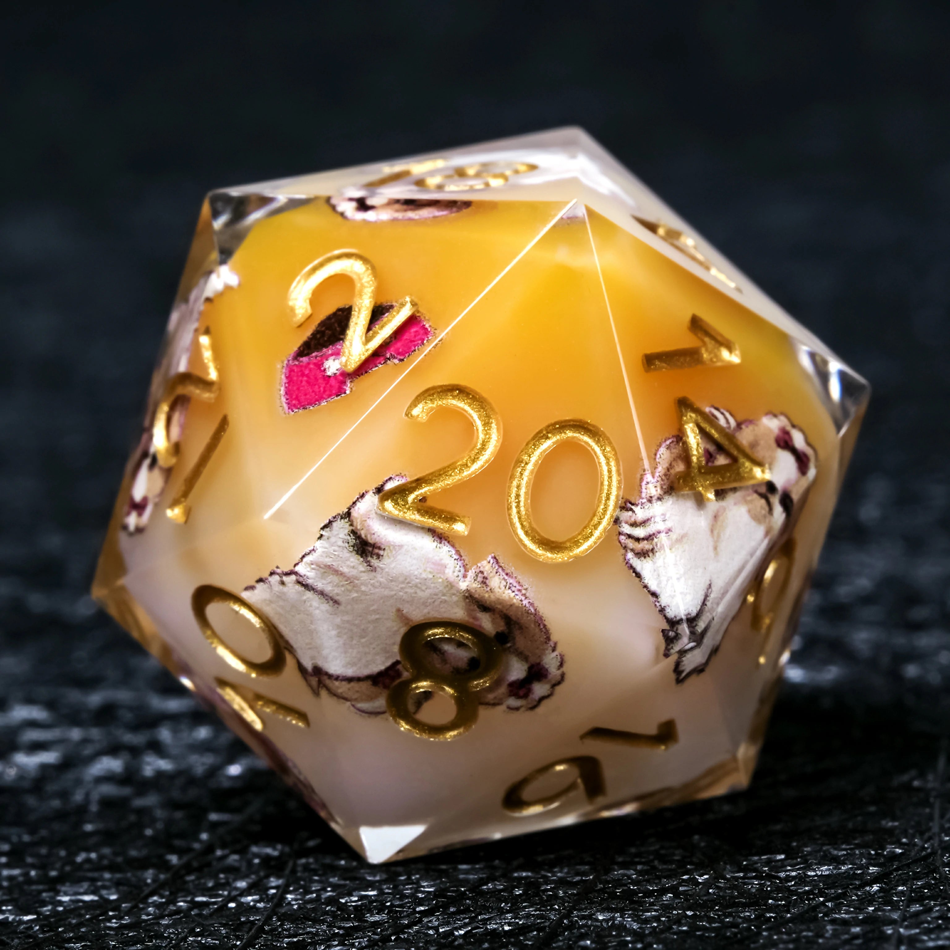 Shih Tzu Dice Set – Yellow & White Resin Polyhedral Dice with Gold Numbers