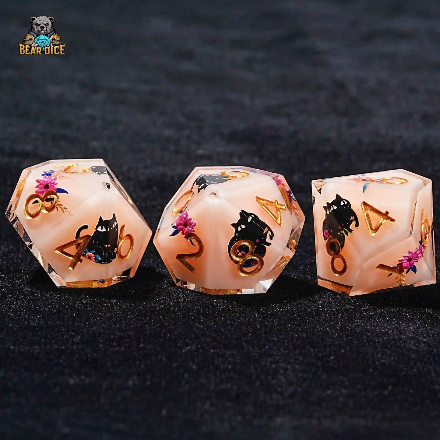 3 Flower Black Cat D10 Flesh Pink Resin D&D Dice | Bear Dice