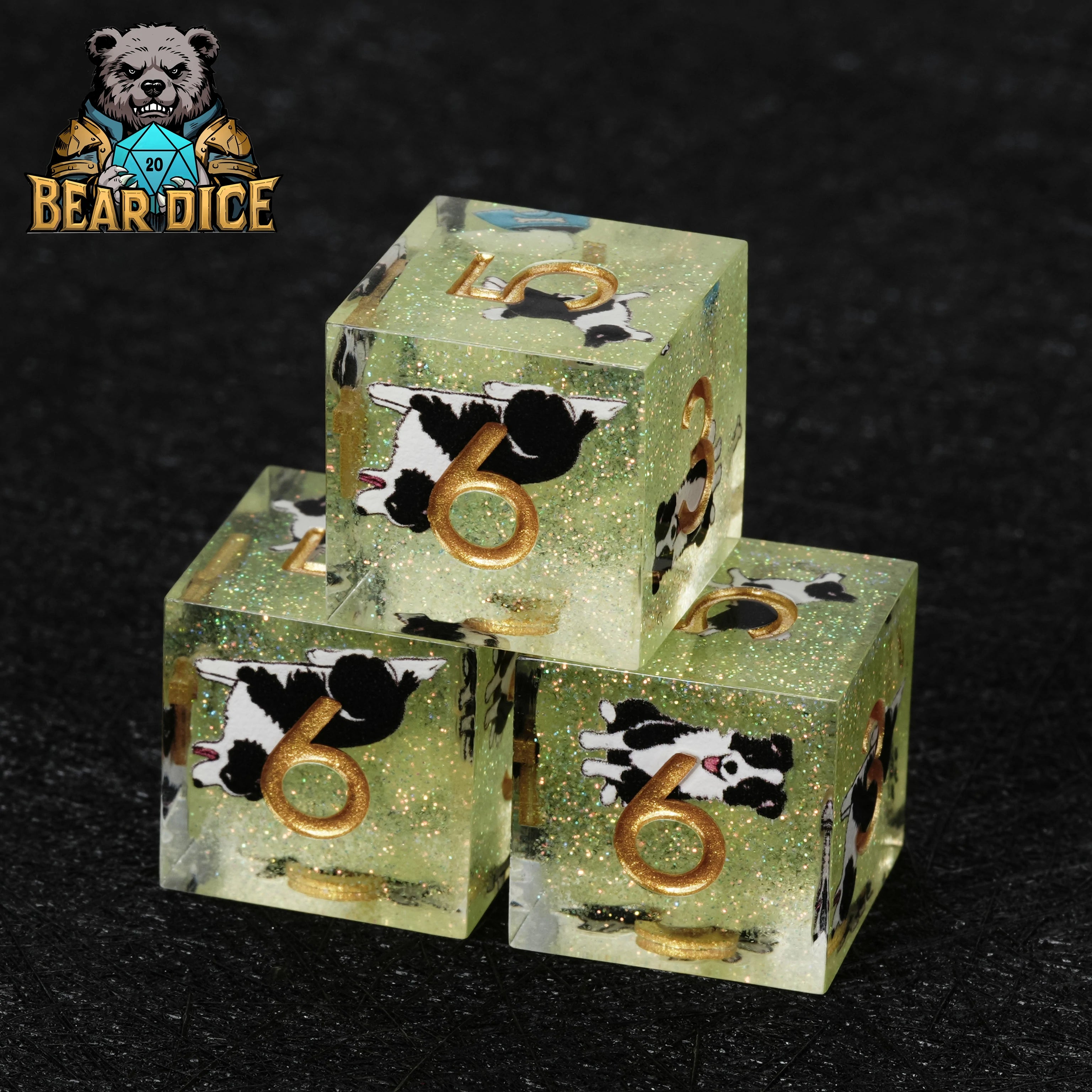 Border Collie Green Glitter Resin DND D6 Dice | RPG Dice Set