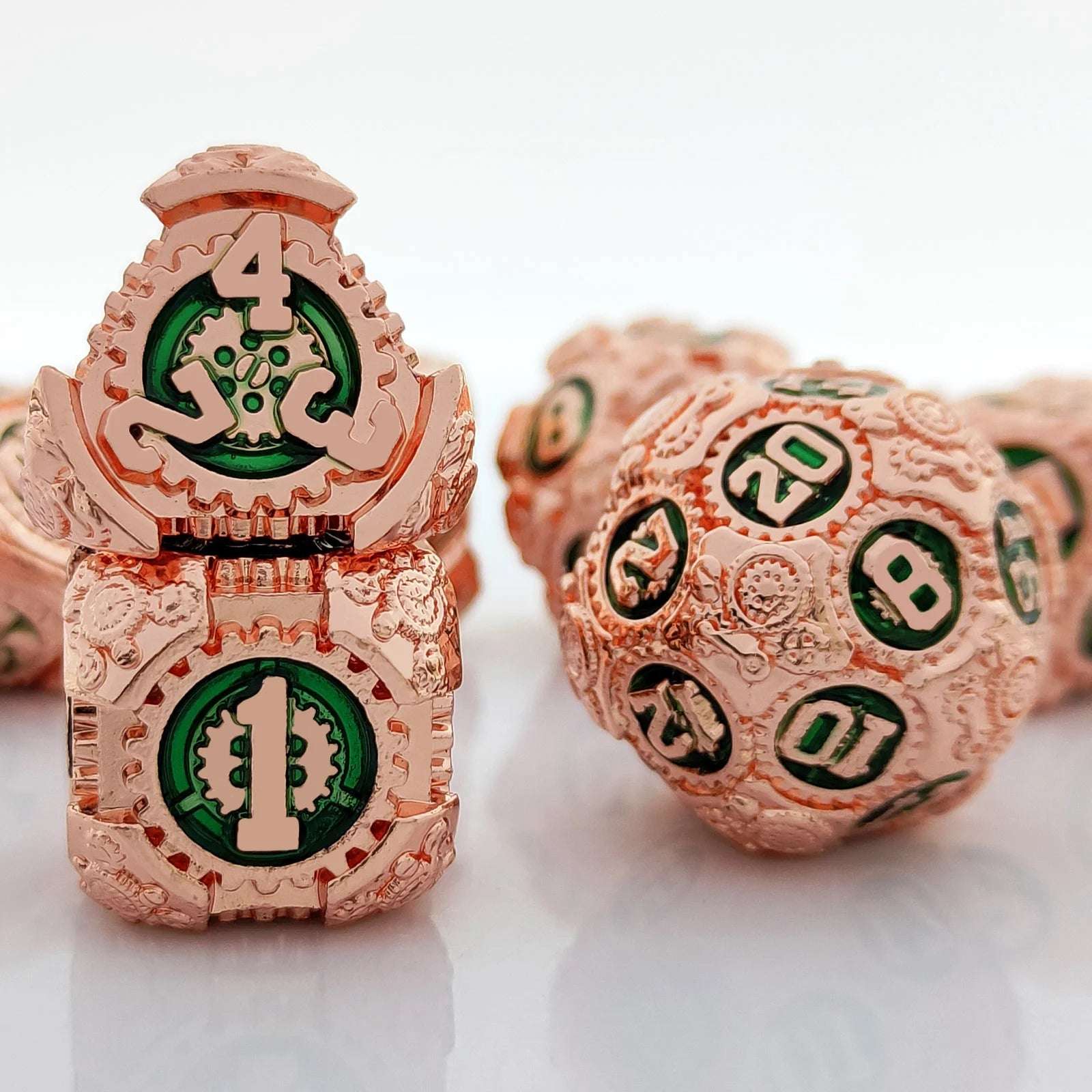 Mechanical gear theme rose gold case with emerald green digital metal D4 dice、D6 dice、D20 dice | Bear Dice
