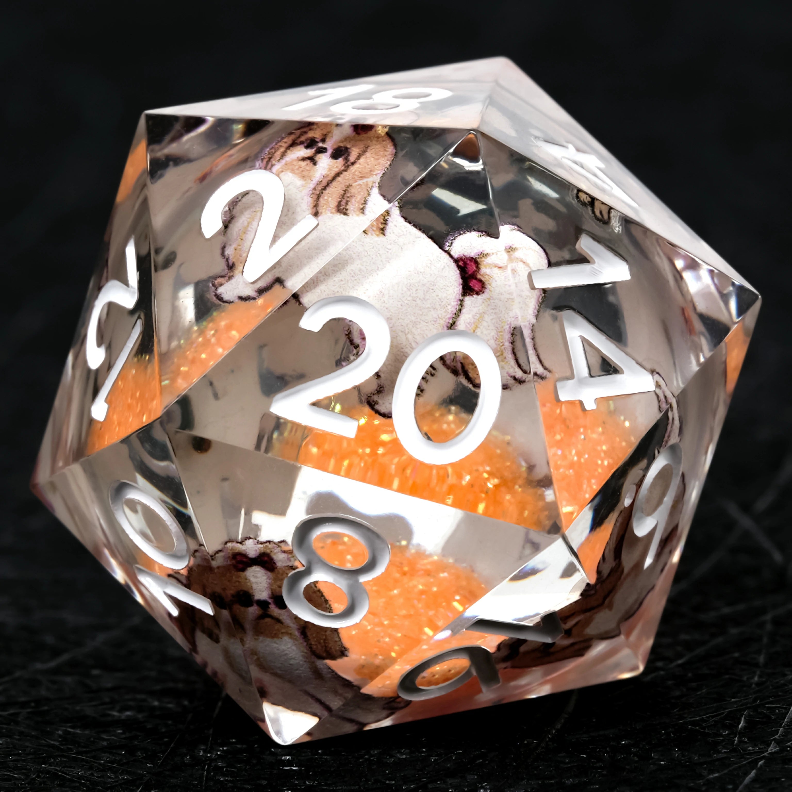 Shih Tzu Orange Liquid-Core Resin Dice Set | White Numbers