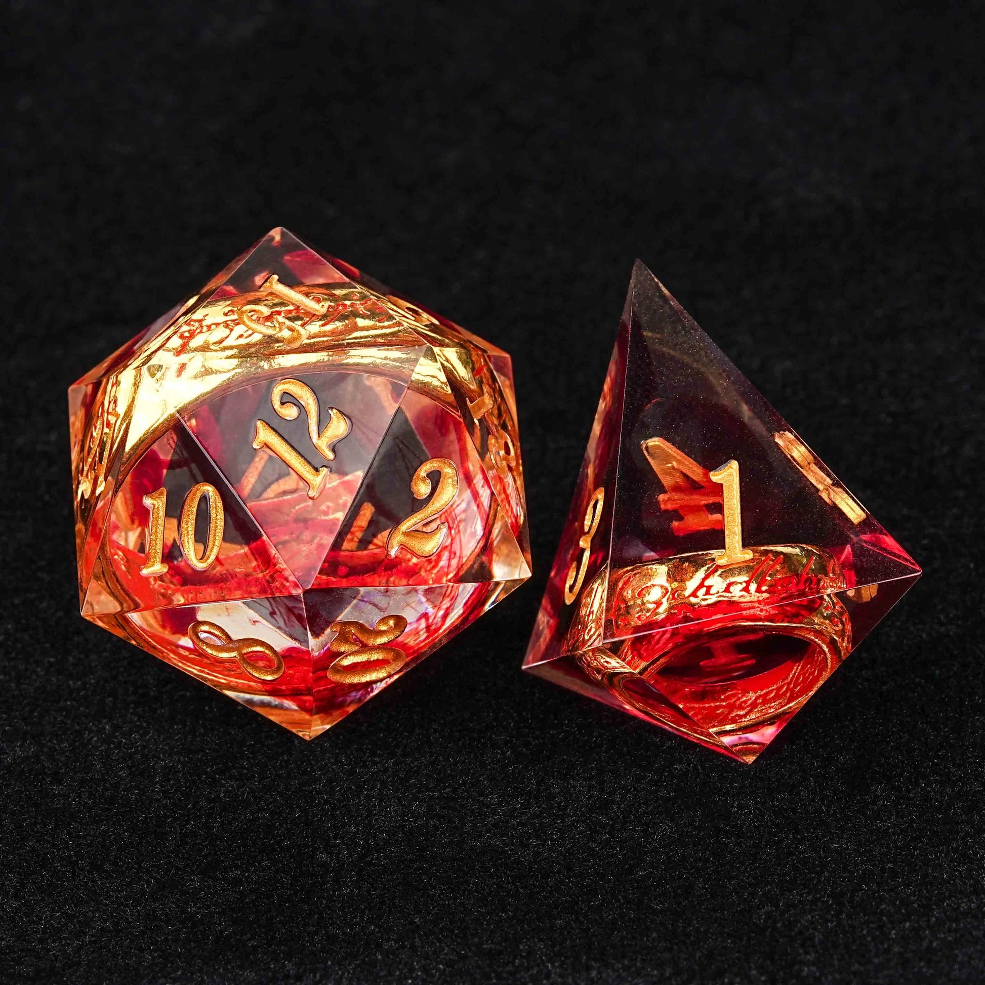 Gold Ring DND Red Resin Dice Set Sharp Edges Perfect for Romance Role Playing Adventures - D20 dice, D4 ​​dice | Bear Dice