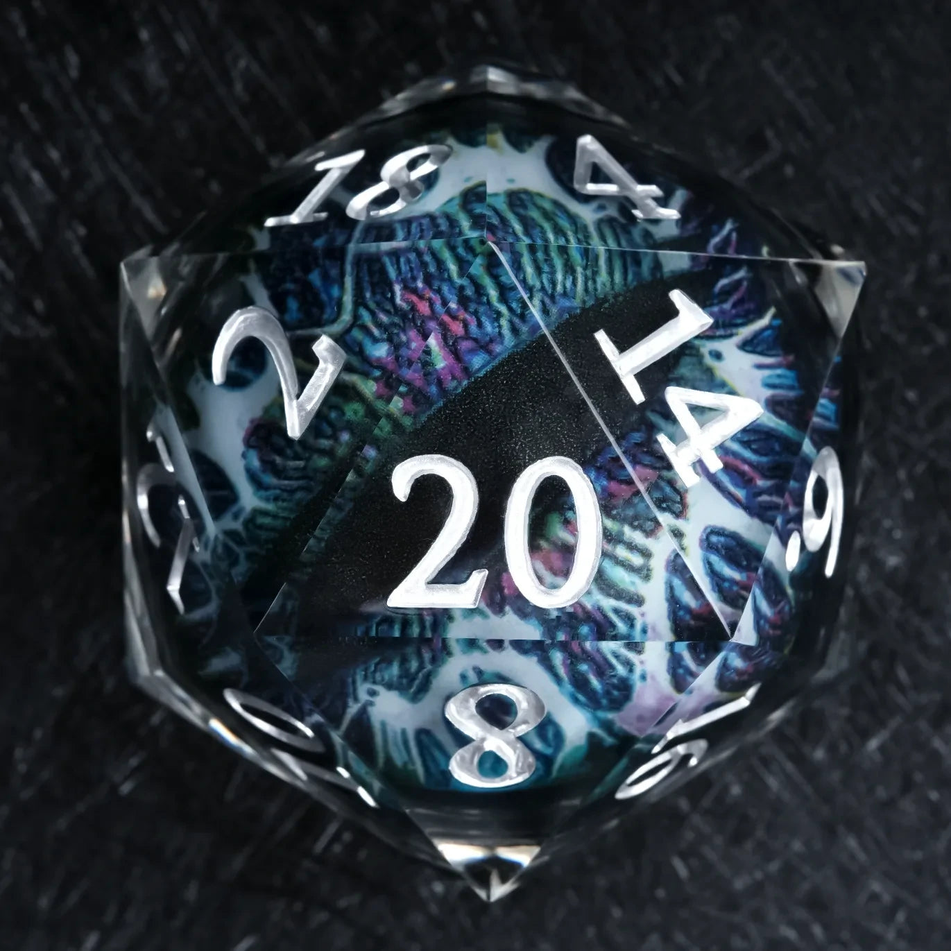 35mm Dragon Eye Liquid-Core Transparent Resin D20 Dice – White Numbers