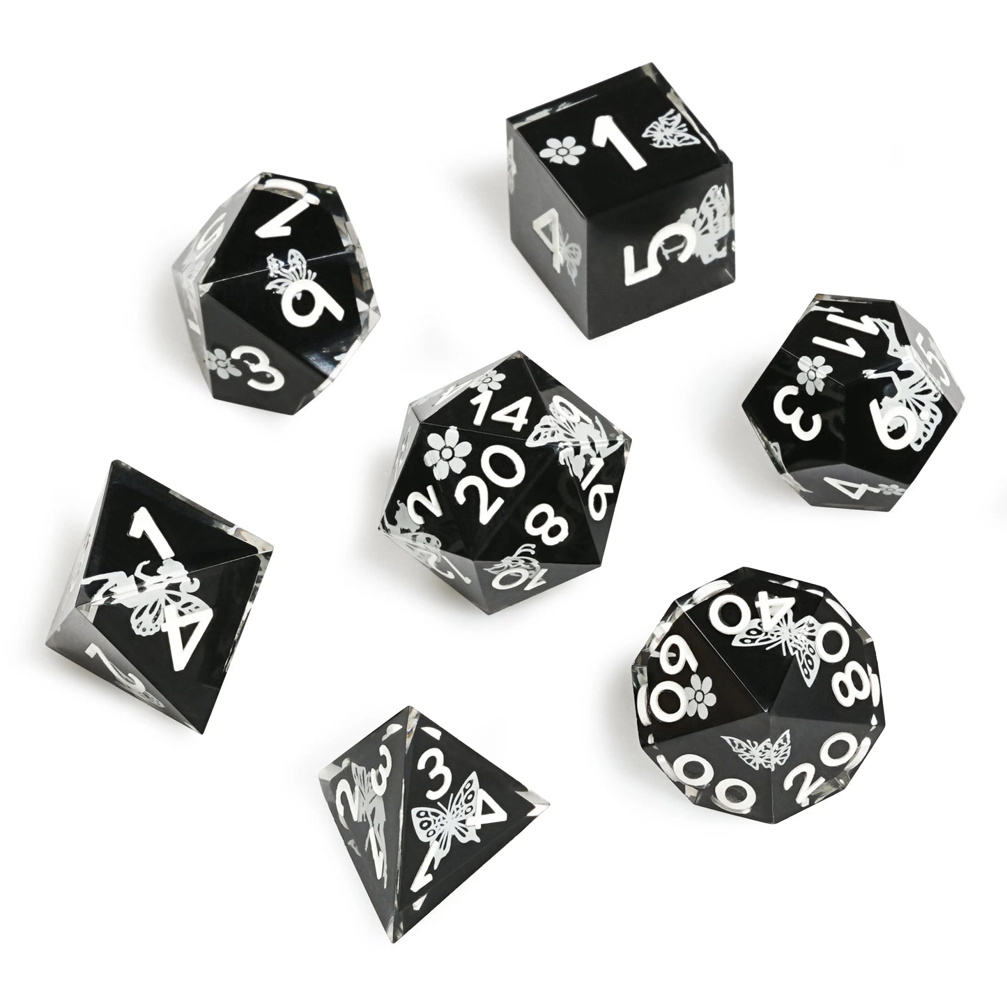 Unique cool luminous dnd dice: black resin butterfly flower fluorescent green Dice Set | Bear Dice