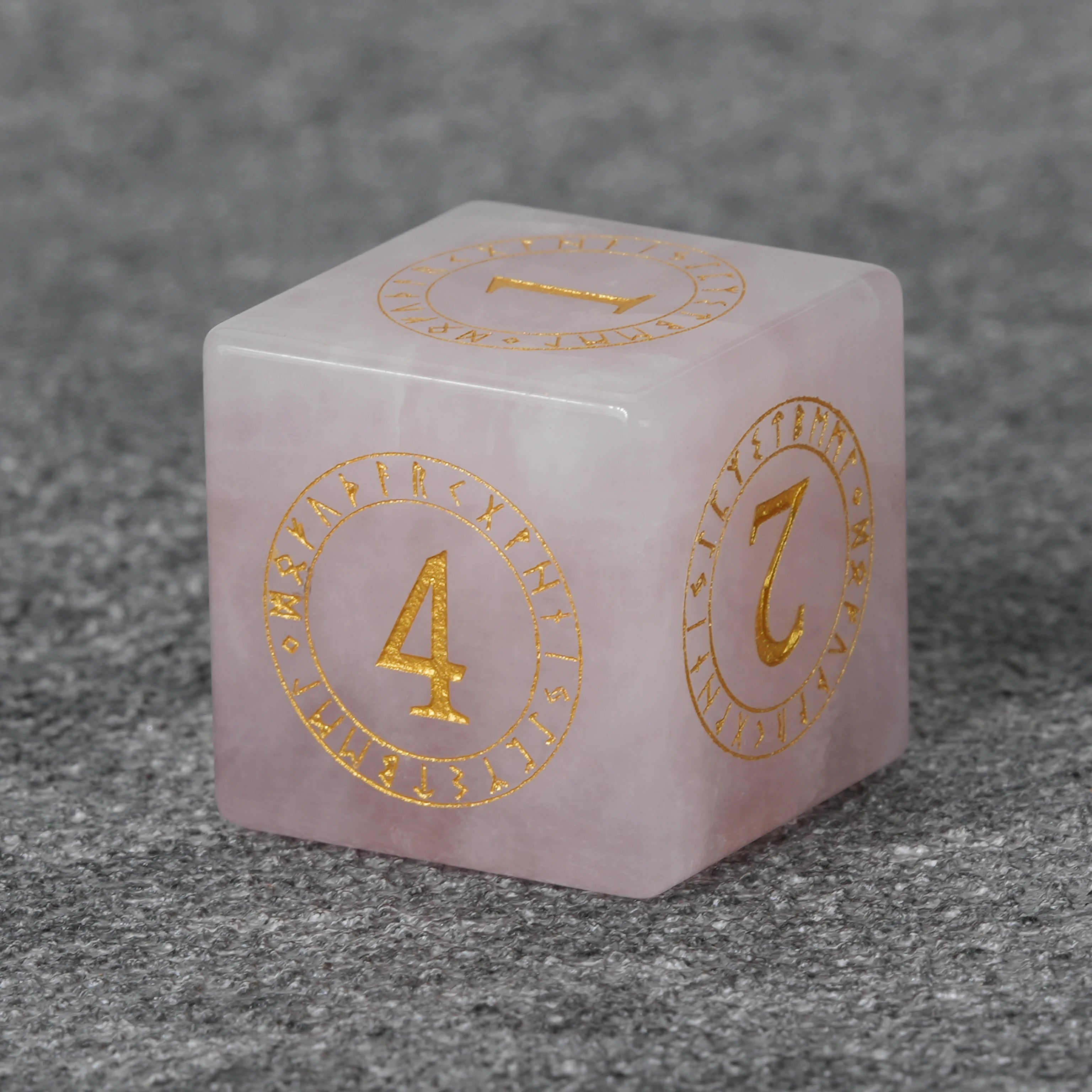Rose Quartz Gemstone Dice Set with Gold Magical Runes
