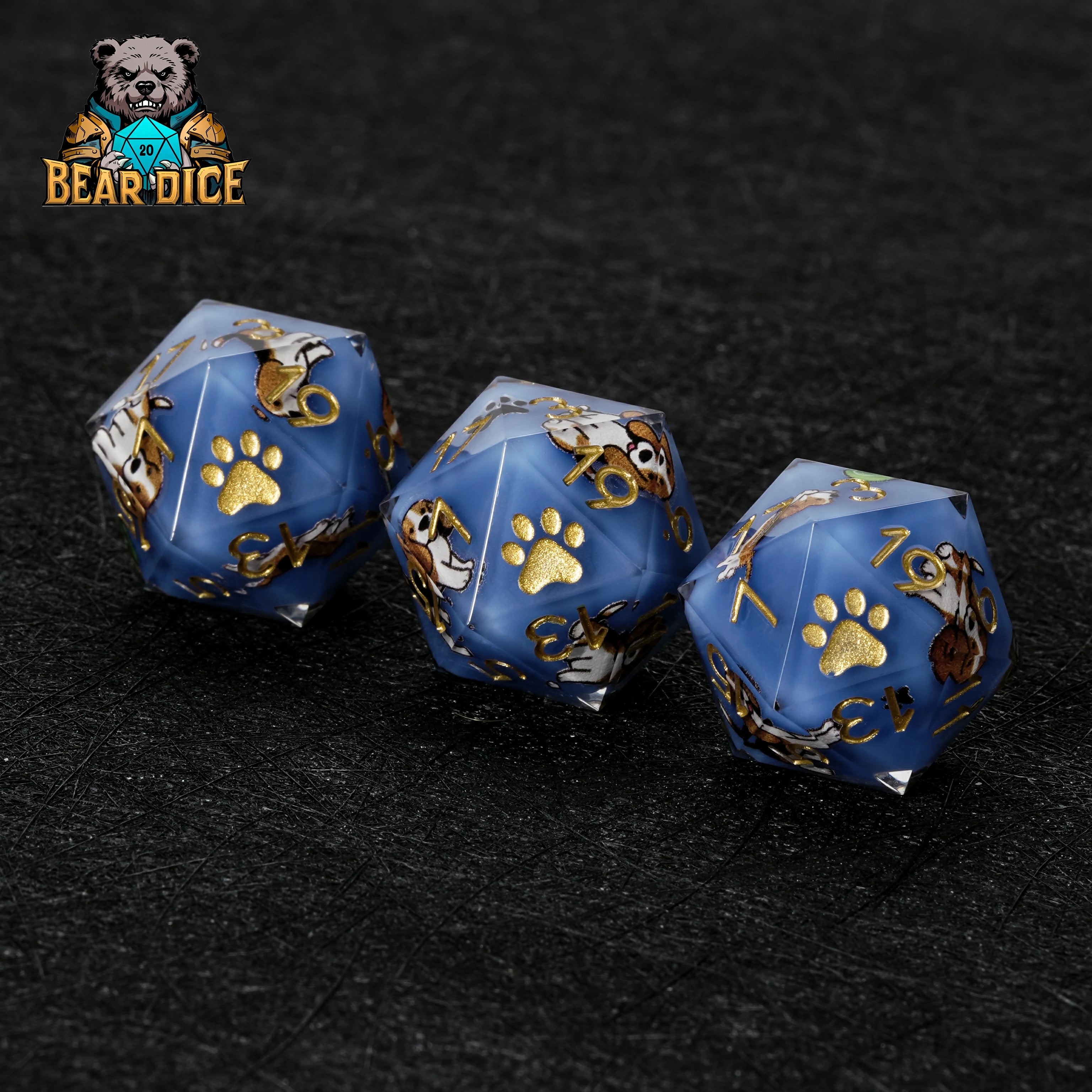 Beagle Blue Resin DND D20 Dice | Single D20 with Beagle & Paw Print Design
