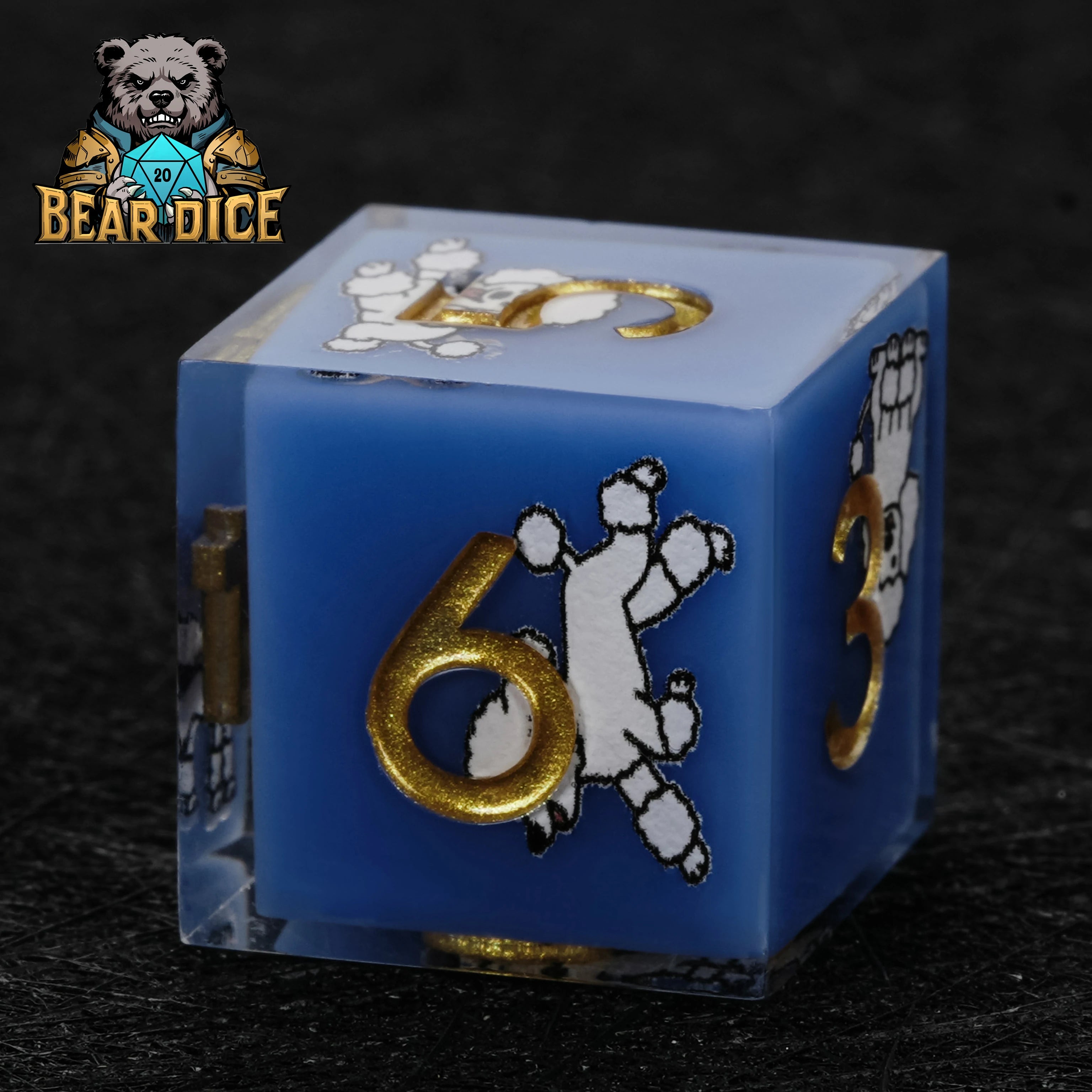 Blue resin D6 dice with poodle design and gold numbers – single die close-up