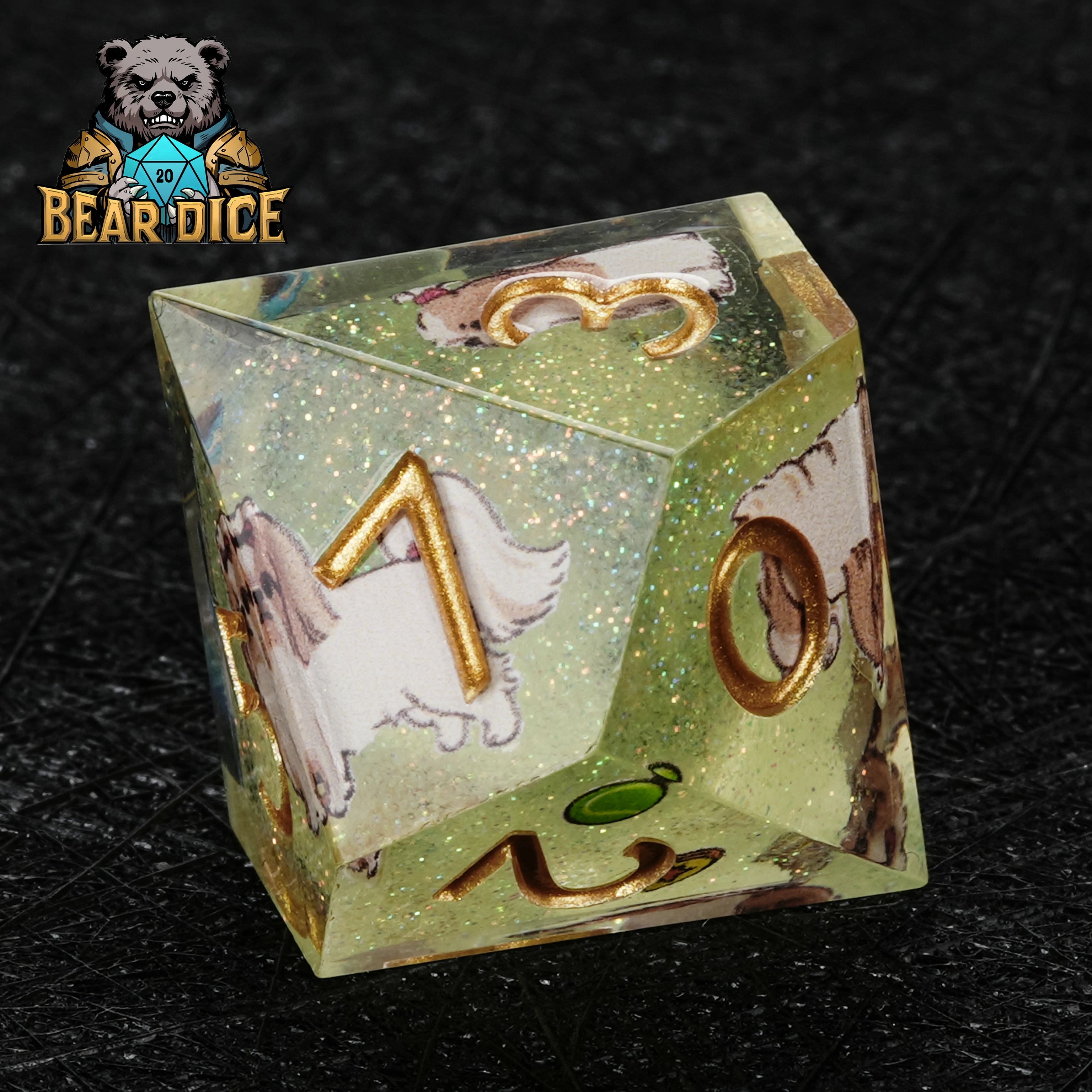 Green Glitter Resin Shih Tzu DND D10 Dice | Cute Dog RPG Dice