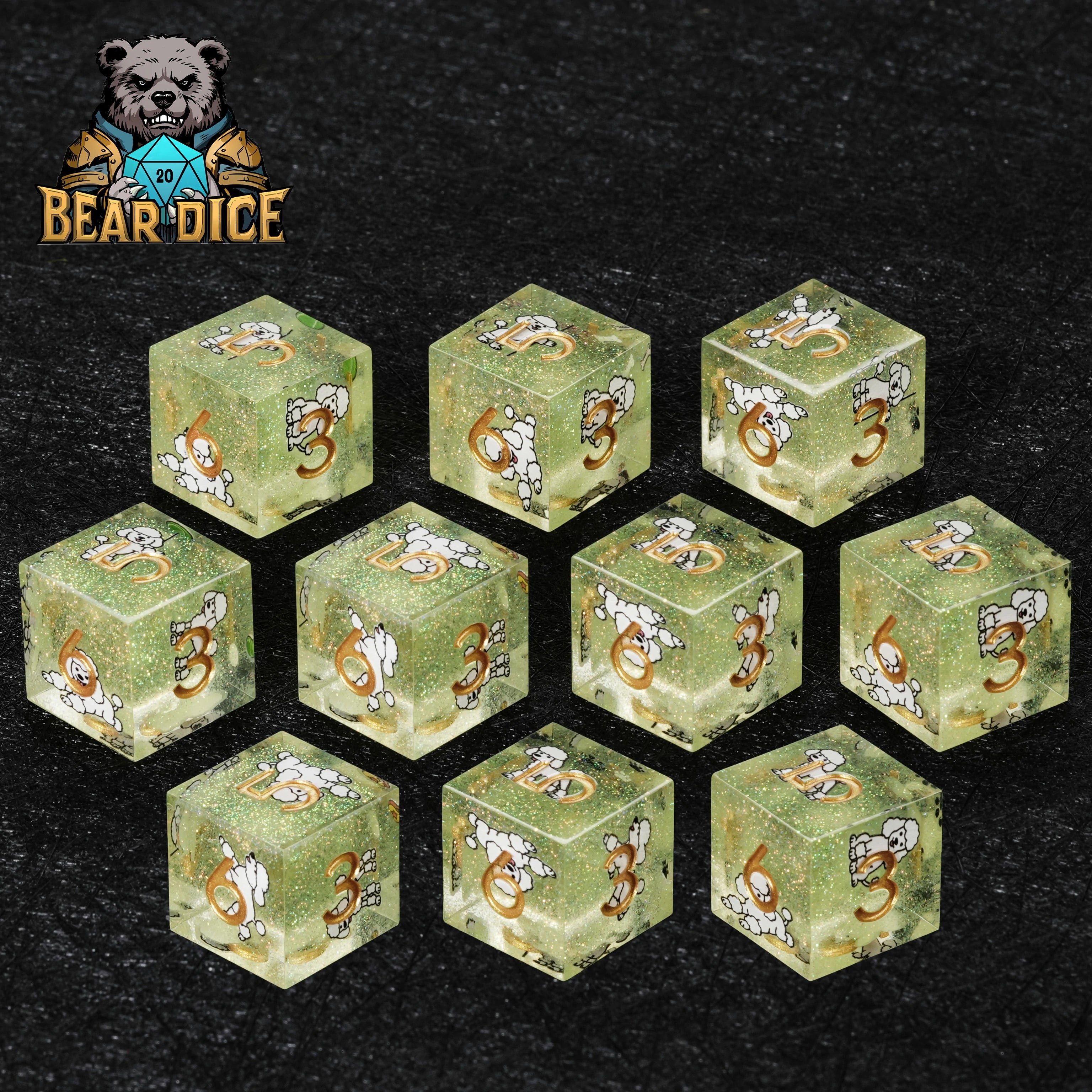 Green Glitter Resin Poodle DND D6 Dice Set – Cute RPG Dice for D&D & Tabletop Games