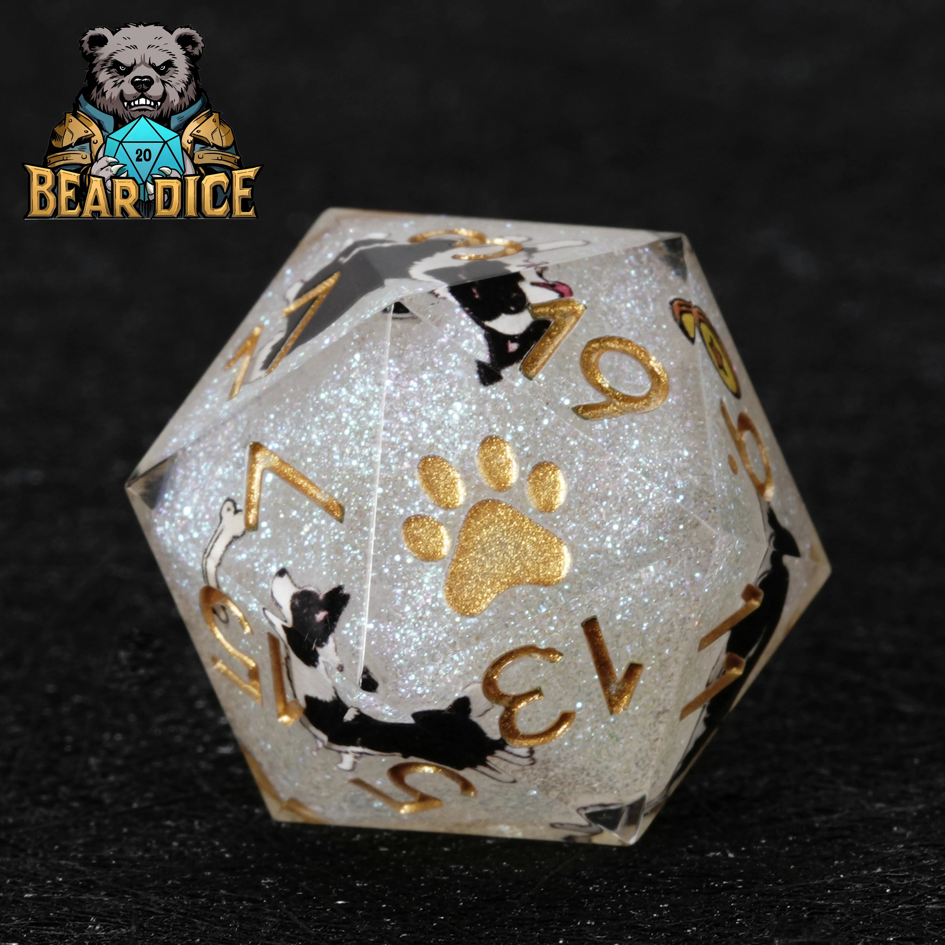 Border Collie White Glitter Resin D&D D20 Dice – Handcrafted RPG Die