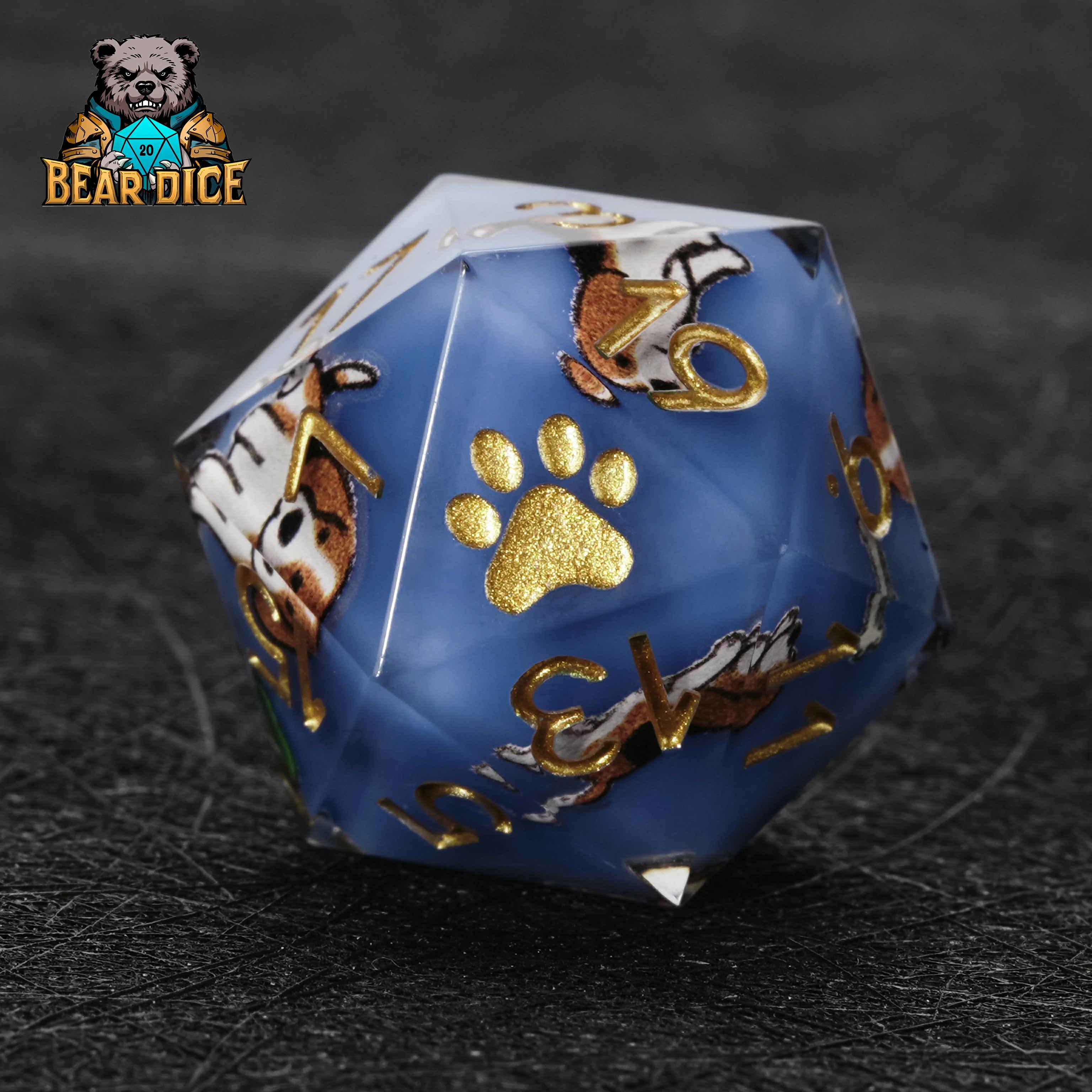 Beagle Blue Resin DND D20 Dice | Single D20 with Beagle & Paw Print Design
