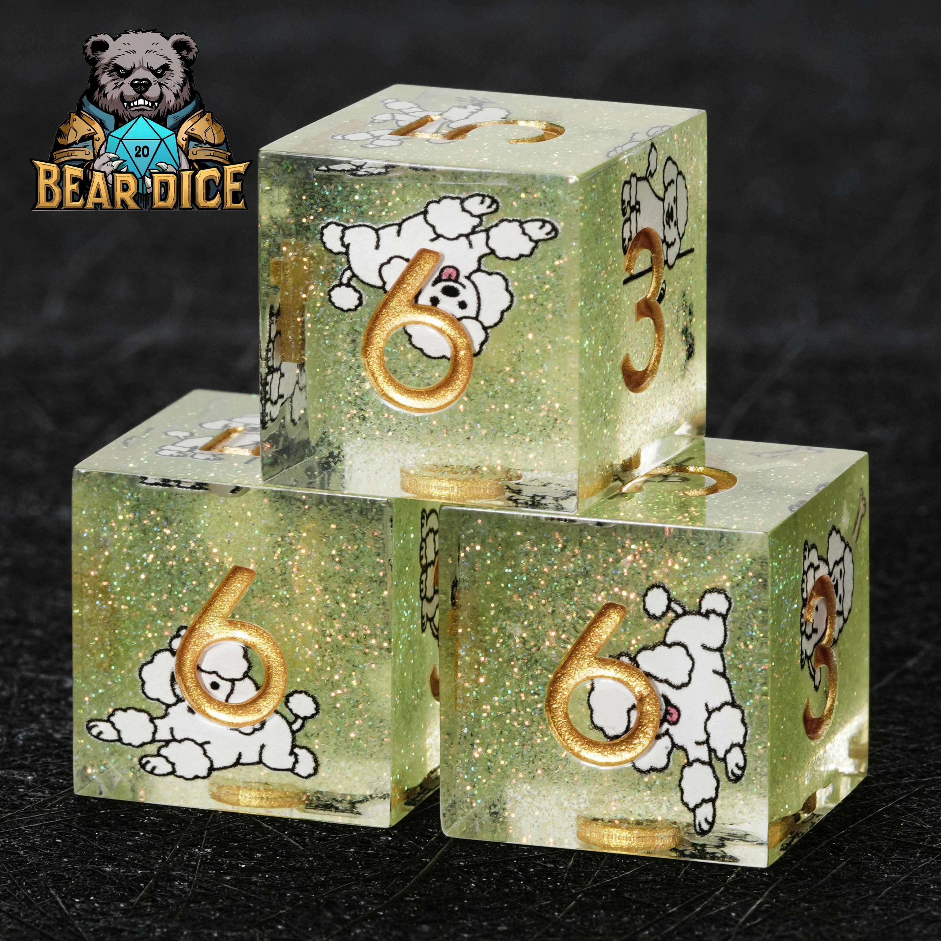 Green Glitter Resin Poodle DND D6 Dice Set – Cute RPG Dice for D&D & Tabletop Games