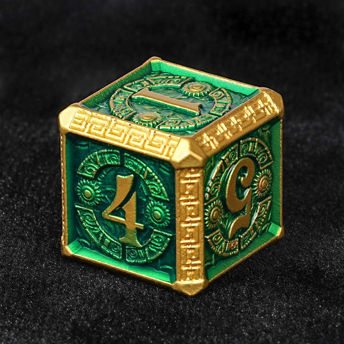 Gold and Green Greek Retractable Metal DND D6 dice | Bear Dice