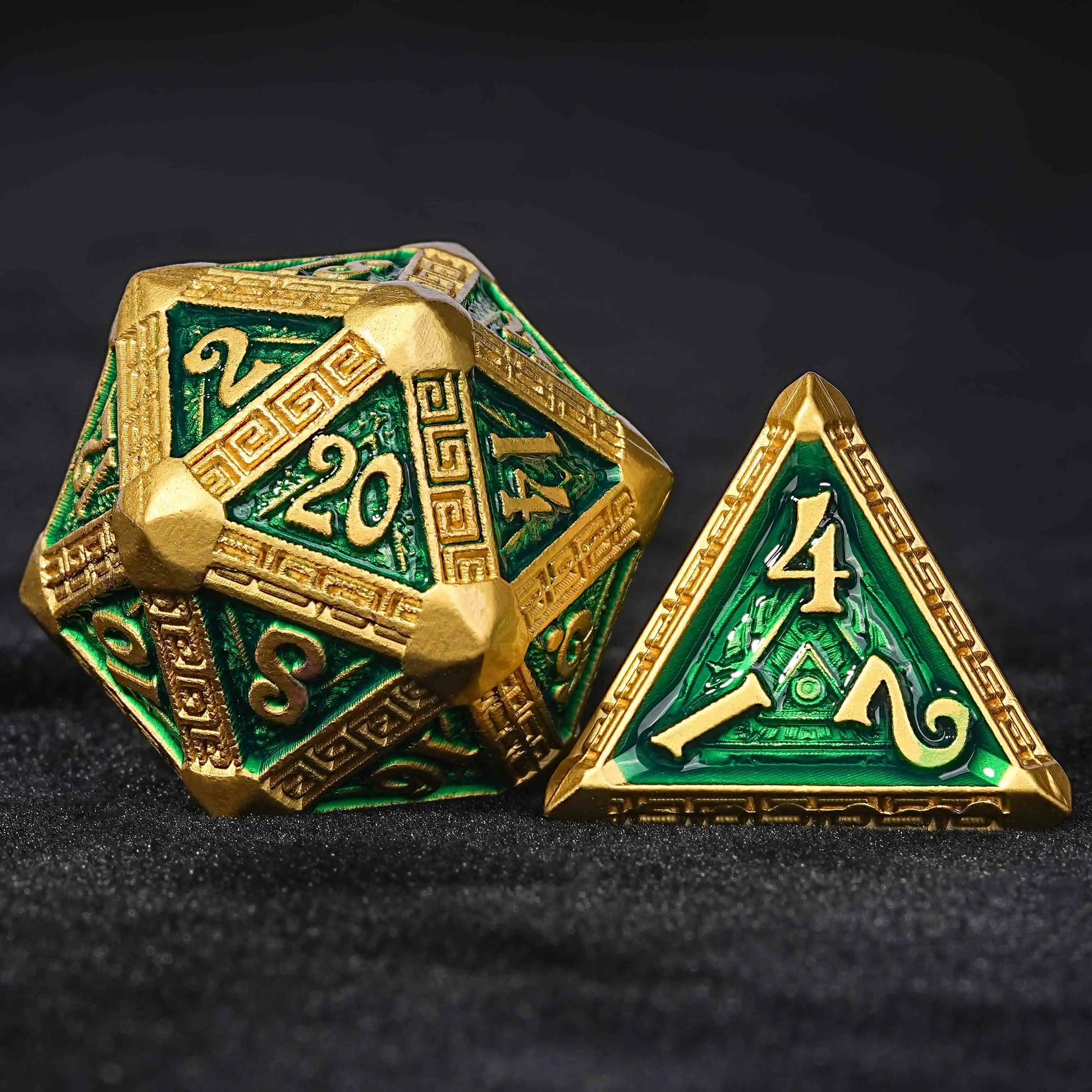 Gold and Green Greek Retractable Metal DND D20 Dice and D4 Dice| Bear Dice