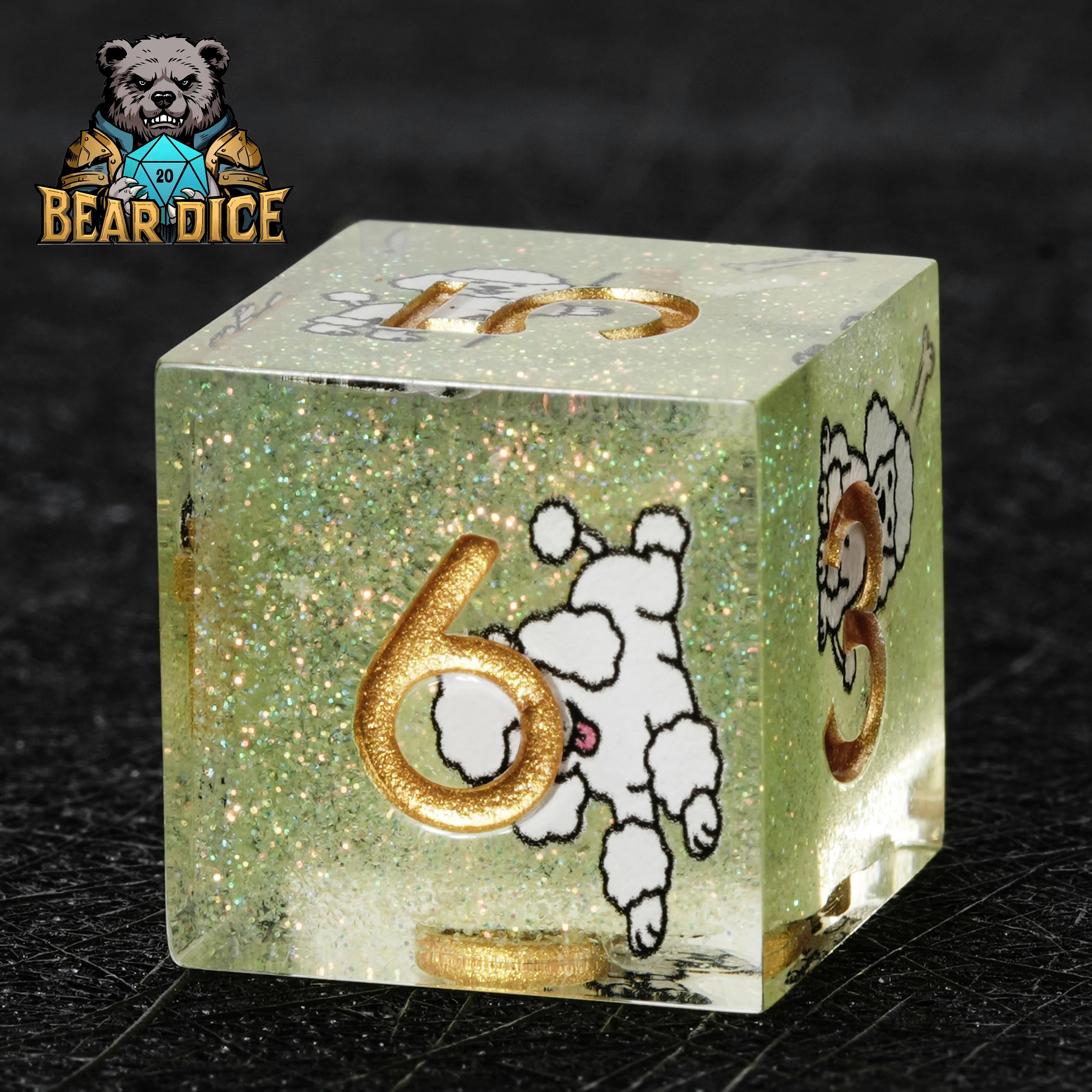 Green Glitter Resin Poodle DND D6 Dice Set – Cute RPG Dice for D&D & Tabletop Games