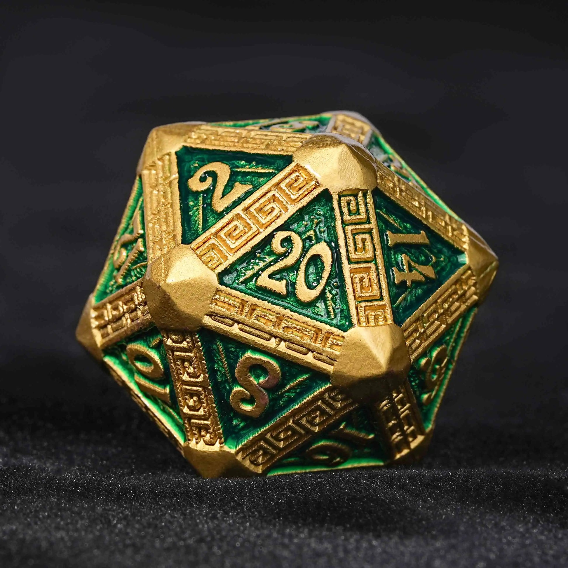 Gold and Green Greek Retractable Metal DND D20 Dice | Bear Dice