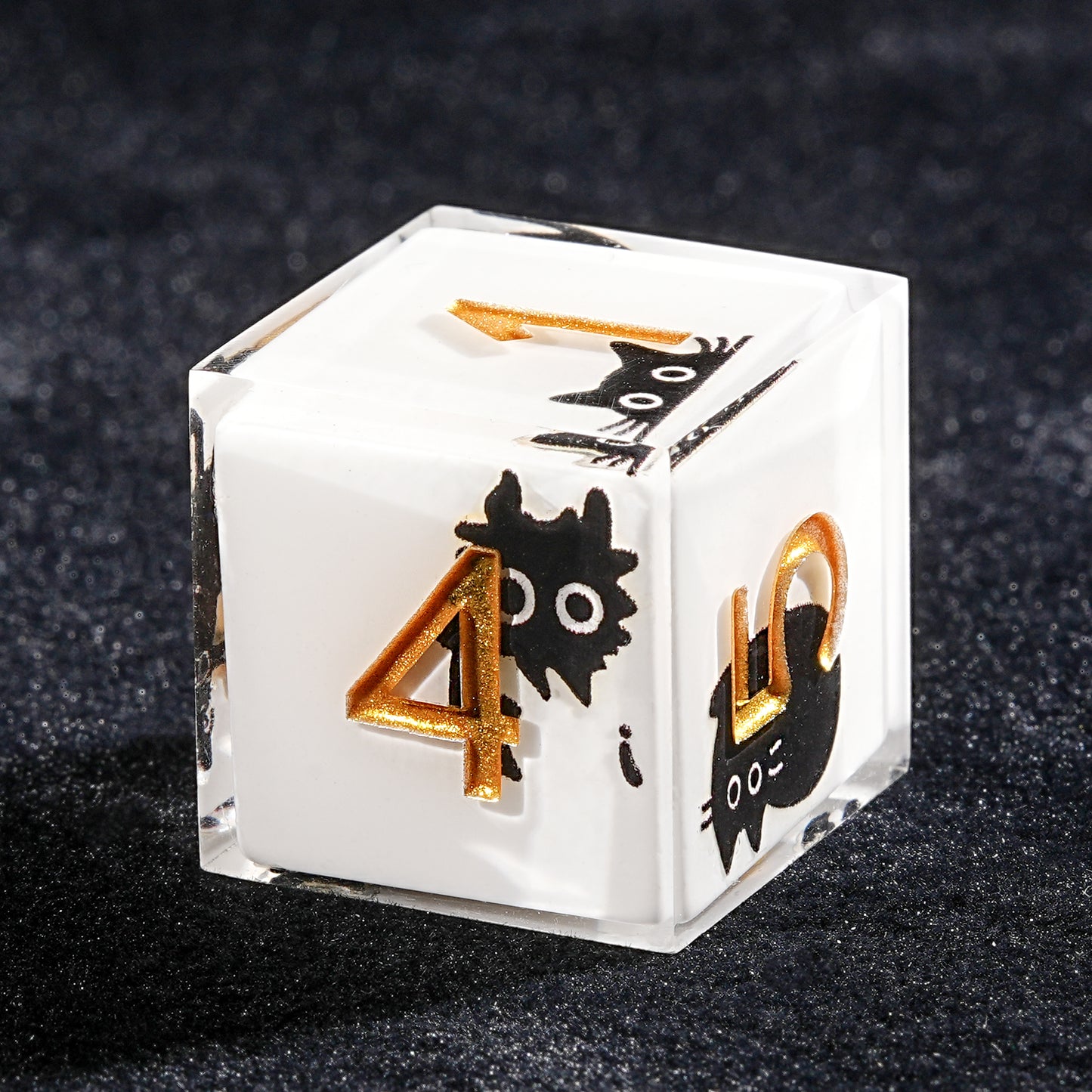 Black Cat Sticker White Resin Unique DND D6 Dice + Gold Font | Bear Dice