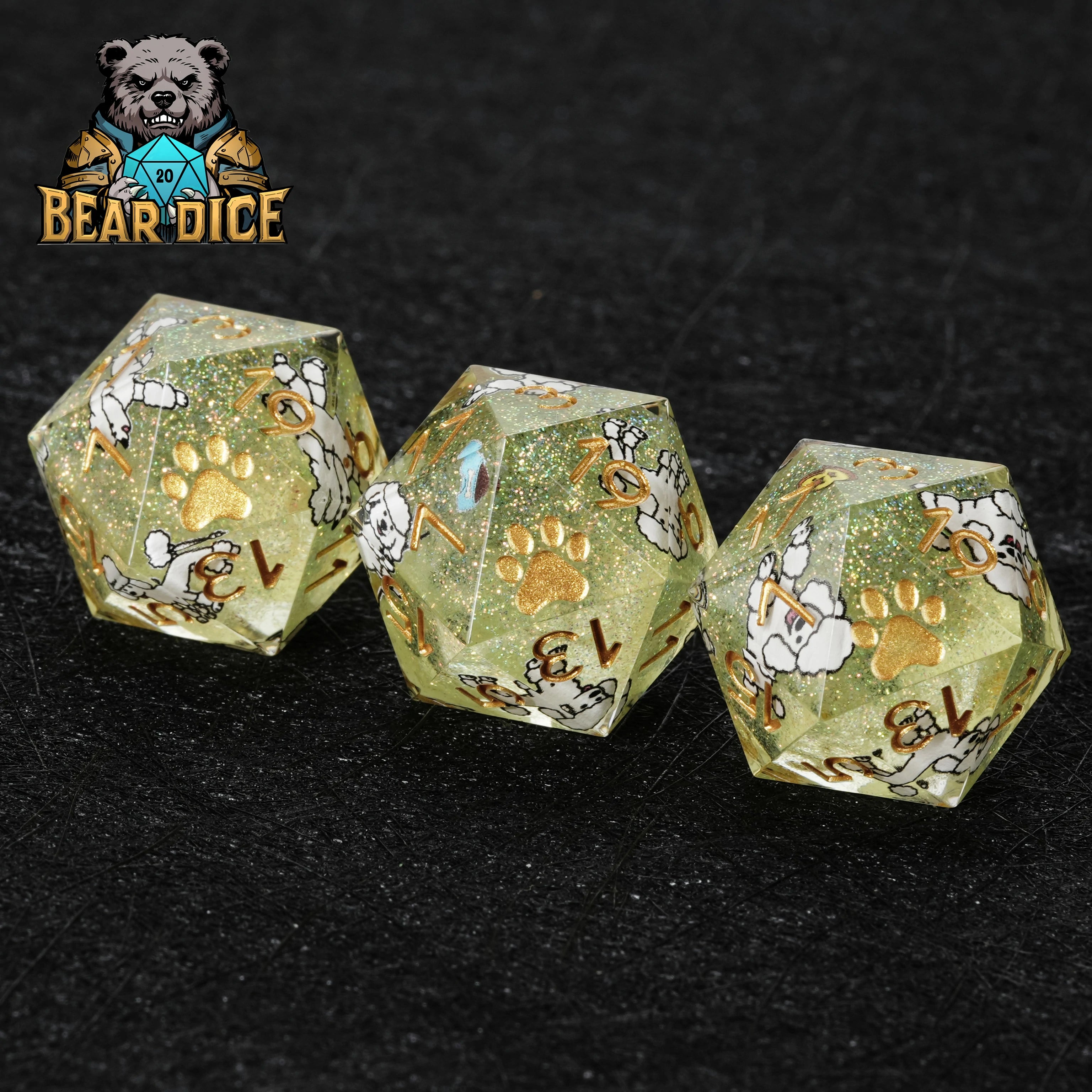 Green Glitter Resin Poodle DND D20 Dice Set | 7-Piece RPG Dice