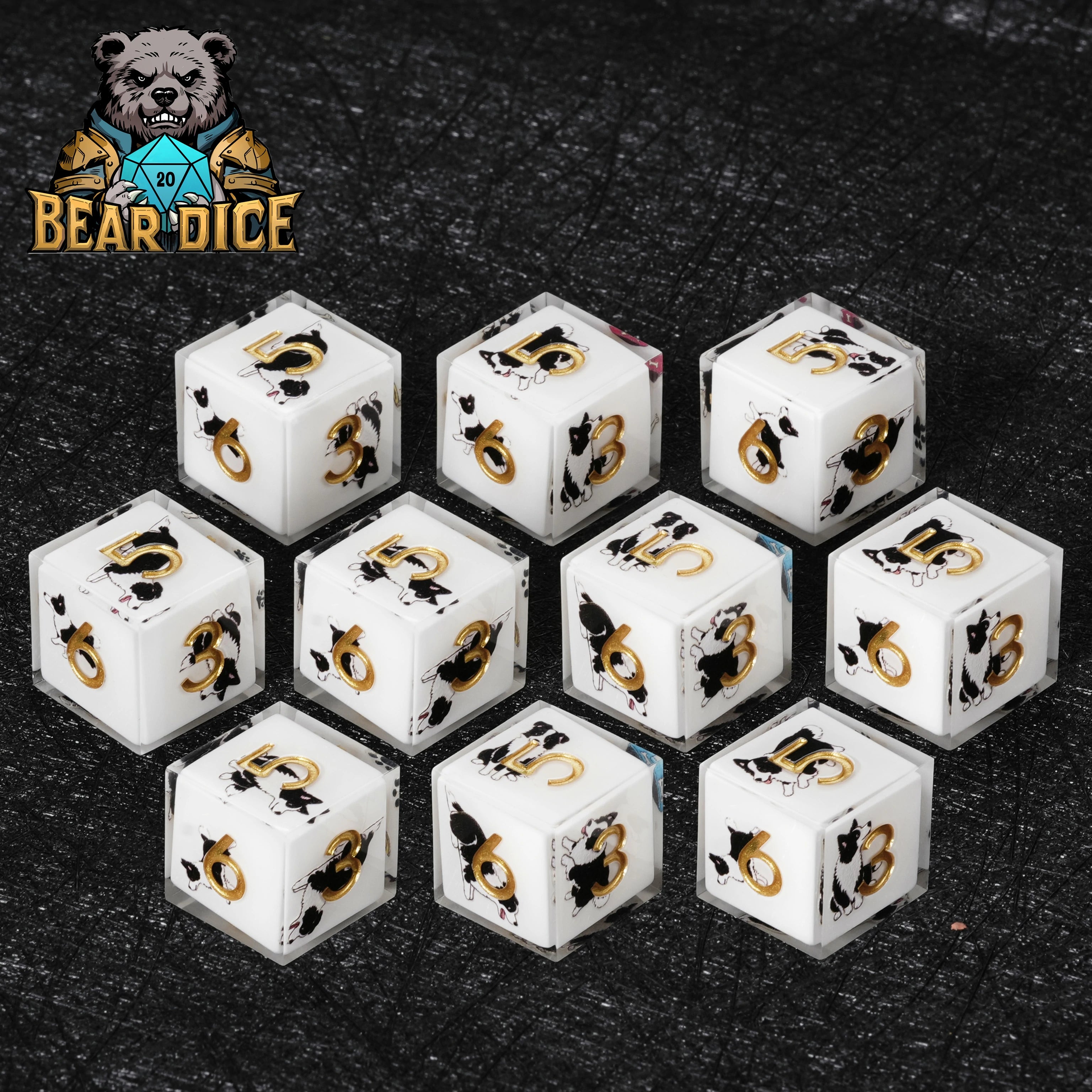 Border Collie White Resin D6 Dice – D&D RPG Gaming Dice