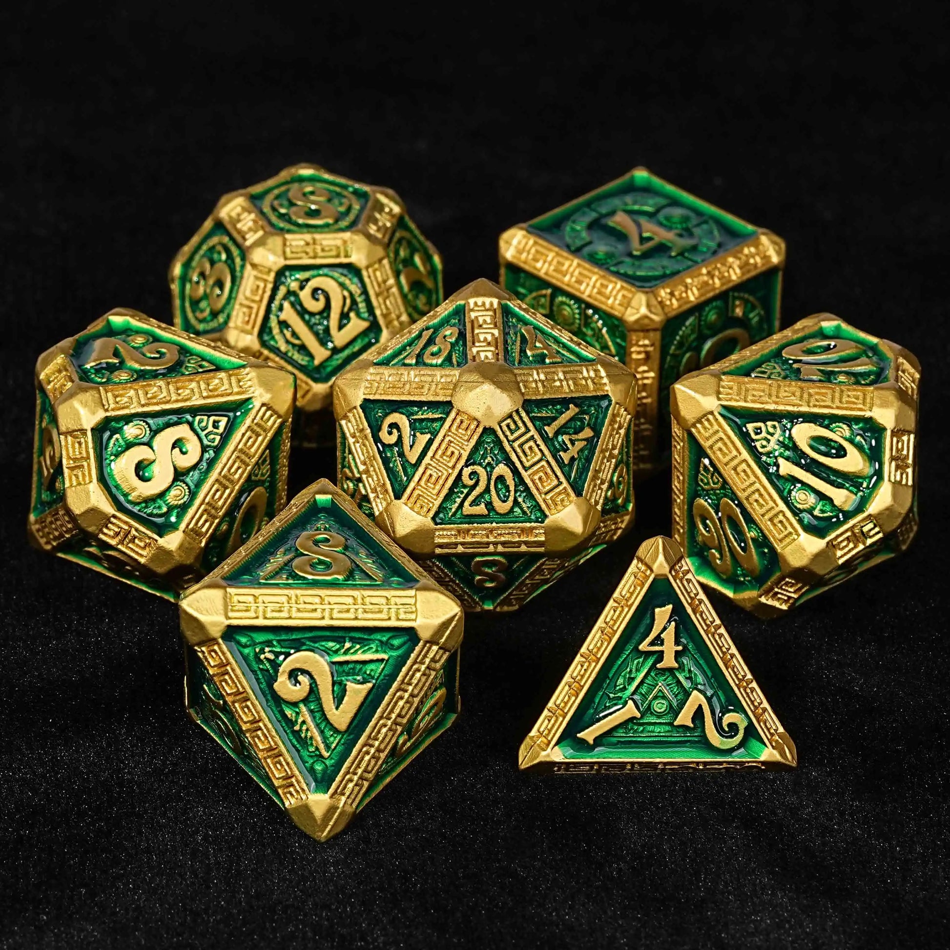 Gold and Green Greek Retractable Metal DND Dice Set | Bear Dice