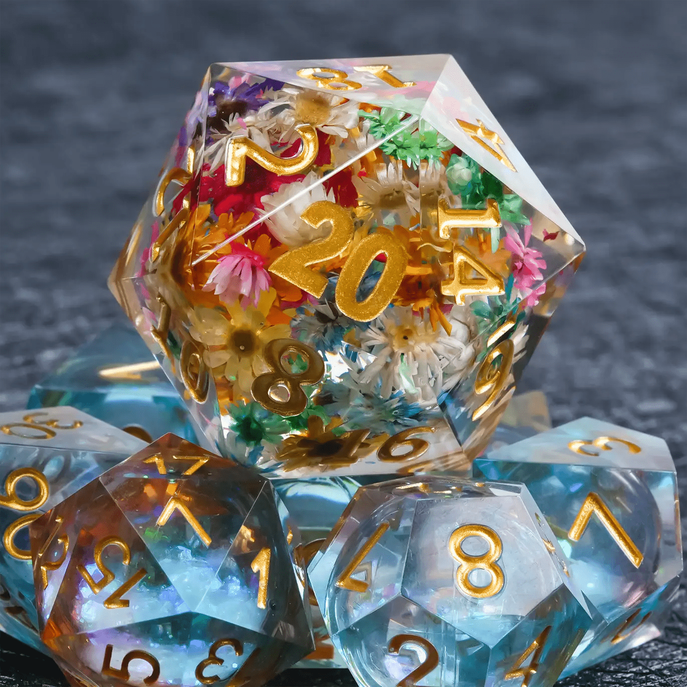 35mm Transparent Resin Giant DND D20 Flower Dice + Gold Numbers - Bear Dice