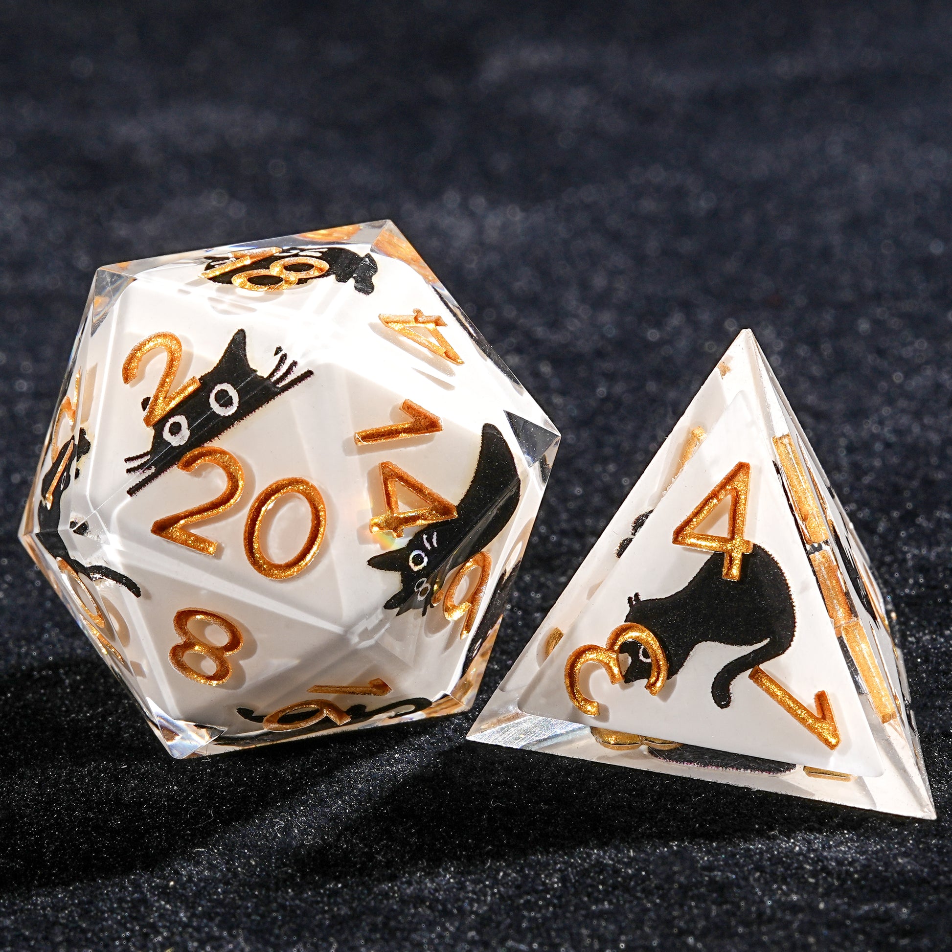 Black Cat Sticker White Resin Unique DND D20 Dice+ D4 Dice + Gold Font | Bear Dice