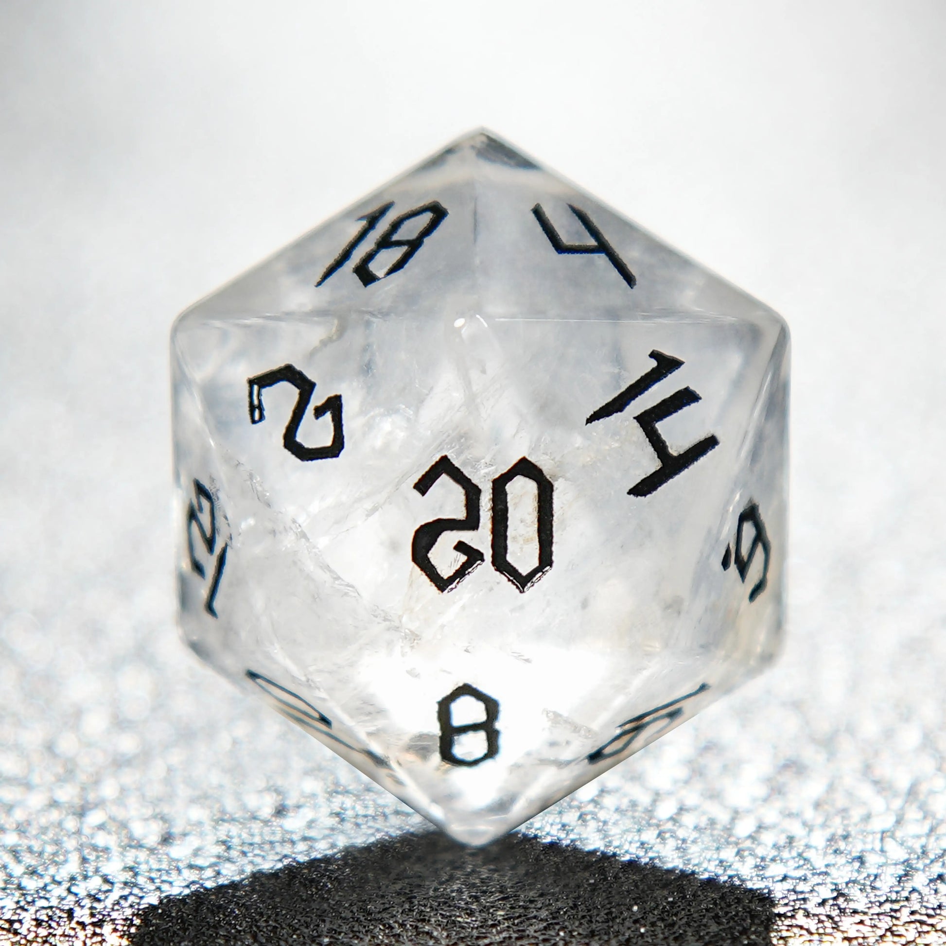 White crystal Black lettered gem D&D D20 dice | Bear Dice