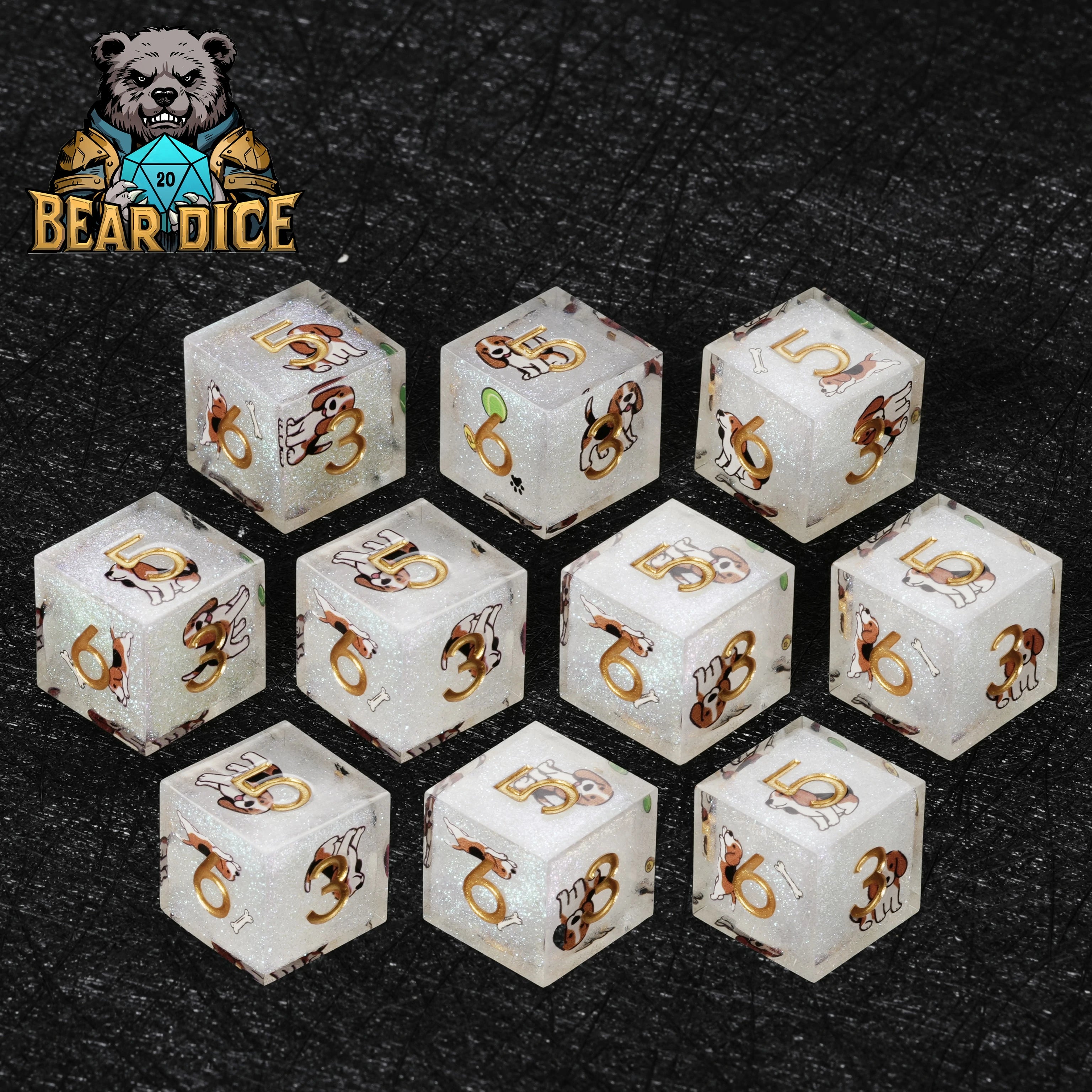 Beagle White Glitter Resin DND D6 Dice | RPG Polyhedral Dice for D&D & Tabletop Games