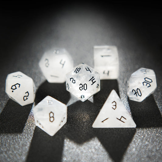 White crystal Black lettered gem D&D dice set | Bear Dice