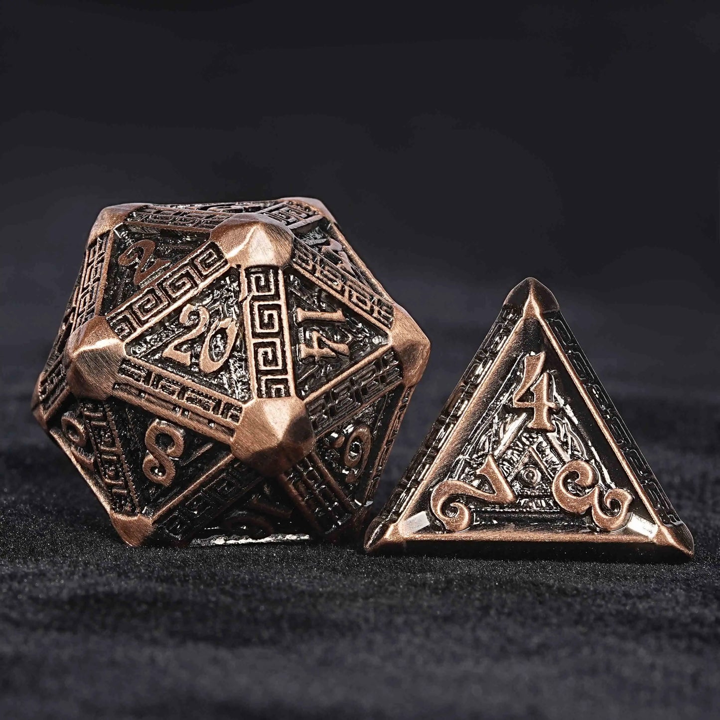 Bronze Color Metal DND 20 Sided Dice  + D4 Dice + Ancient Greek Runes | Bear Dice