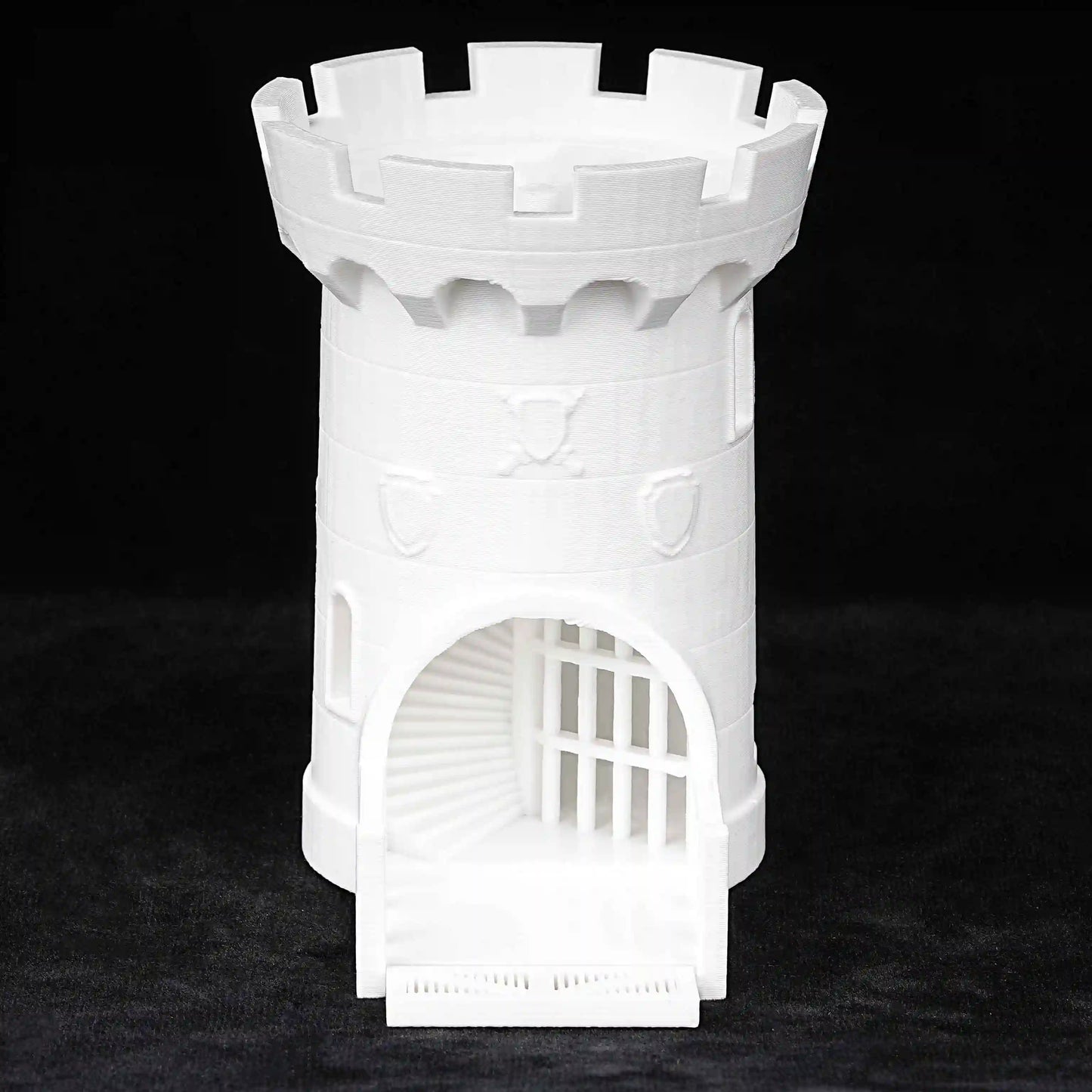 Torre de dados DND impresa en 3D con temática de castillo medieval blanco