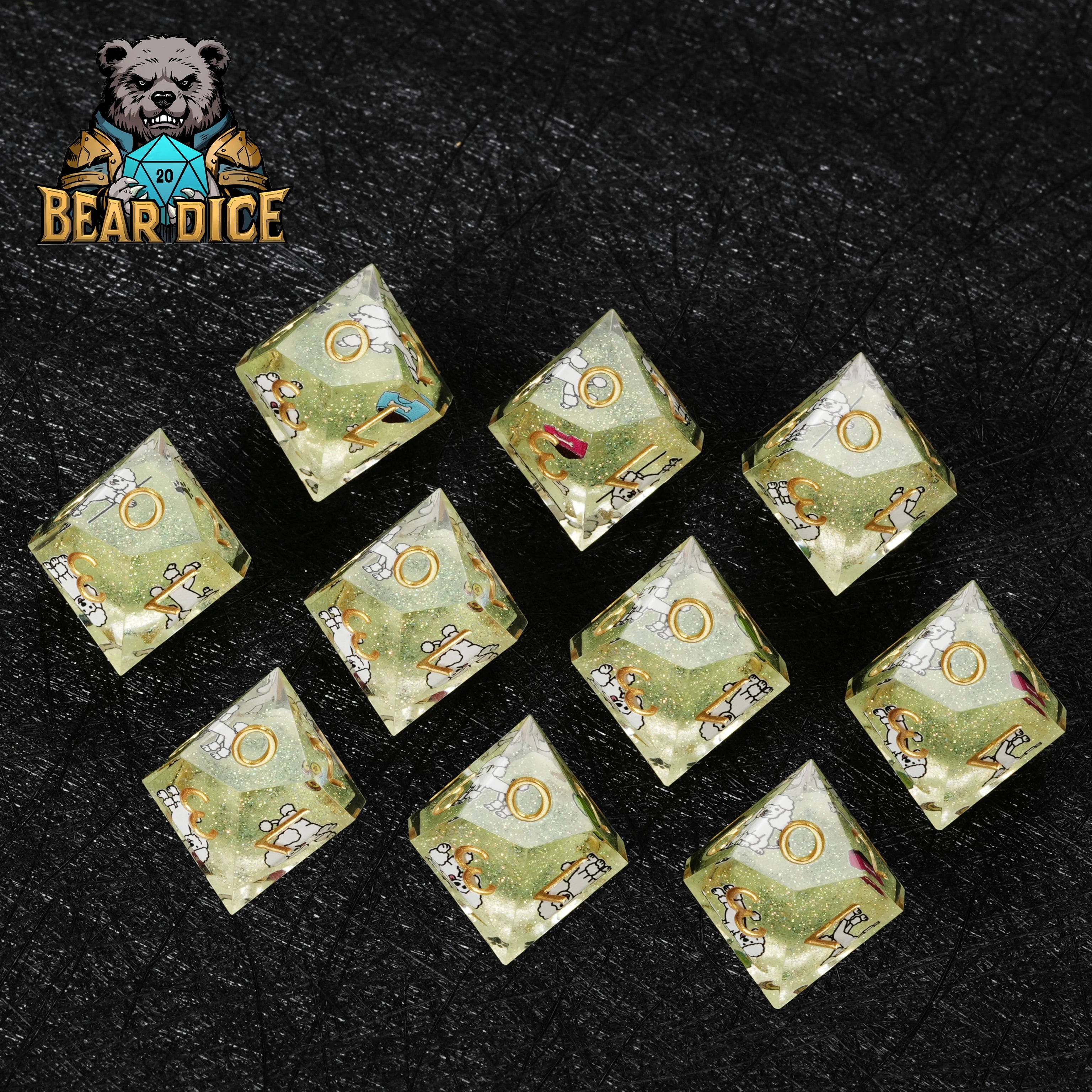 Green Glitter Resin Poodle DND Dice Set | D10 RPG Dice for D&D & Tabletop Games