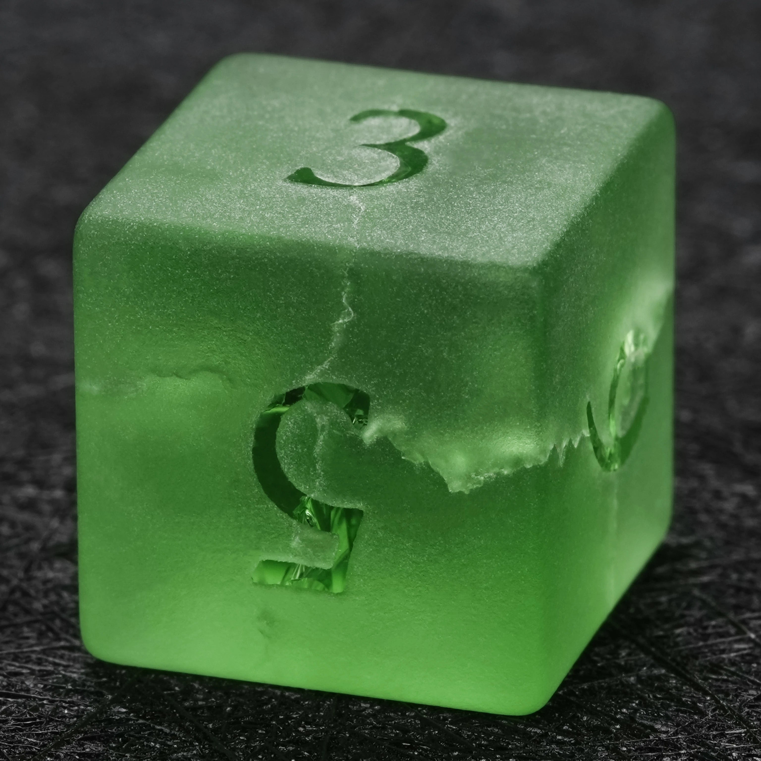Green Frosted Crackle-Effect Glass Gemstone Dice Set with Raised Numbers