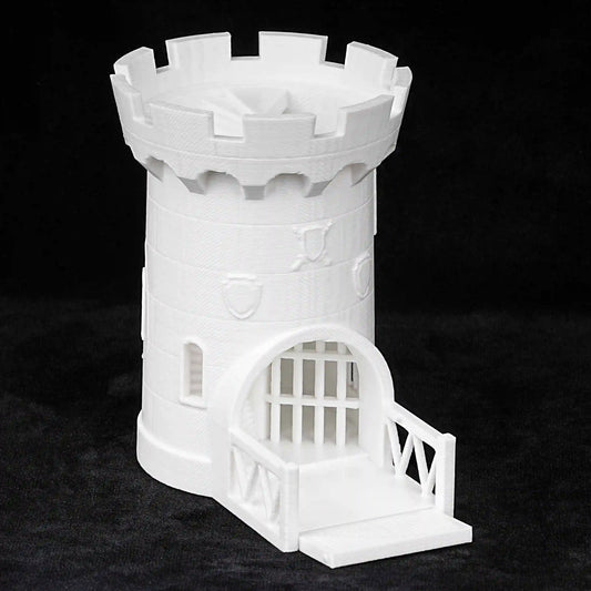 Torre de dados DND impresa en 3D con temática de castillo medieval blanco