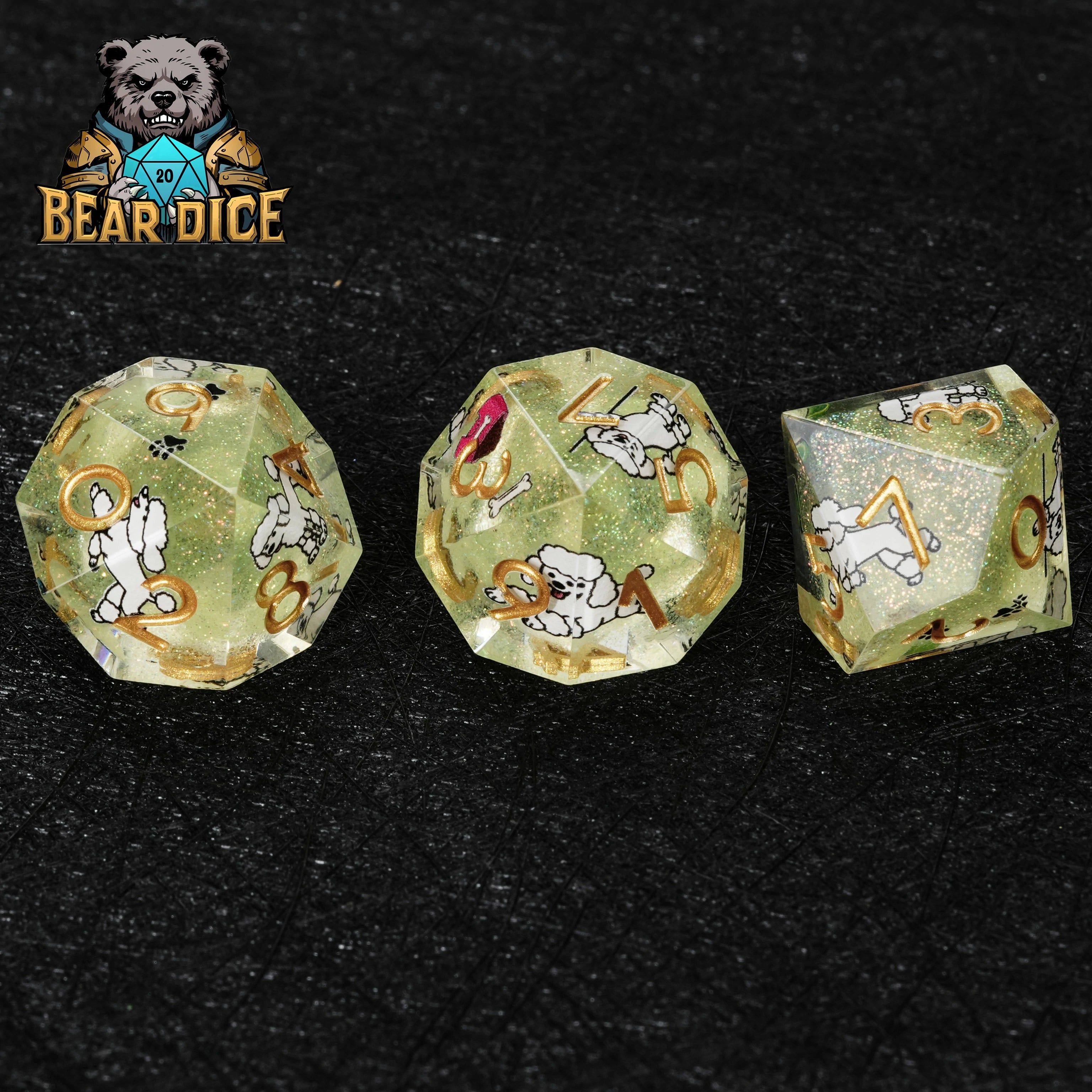 Green Glitter Resin Poodle DND Dice Set | D10 RPG Dice for D&D & Tabletop Games