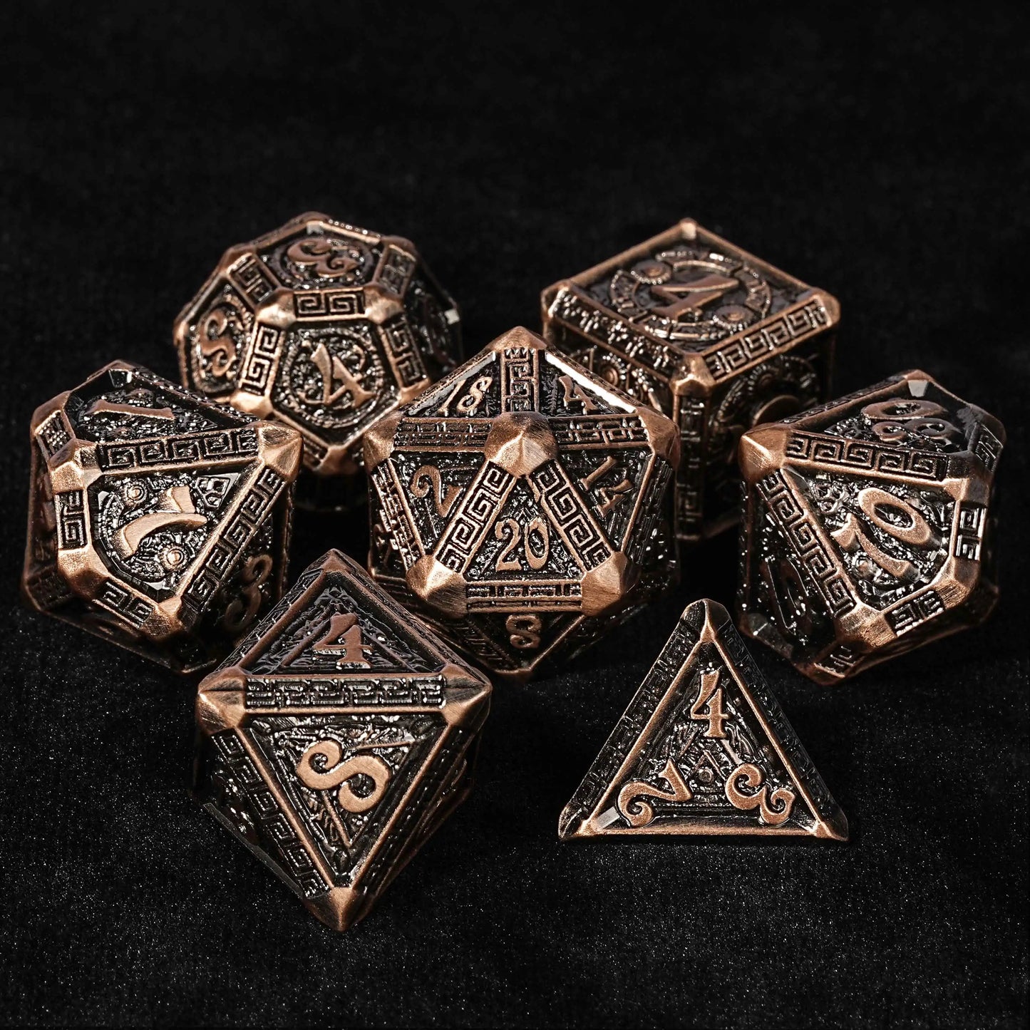 Bronze Color Metal DND Dice Set + Ancient Greek Runes | Bear Dice