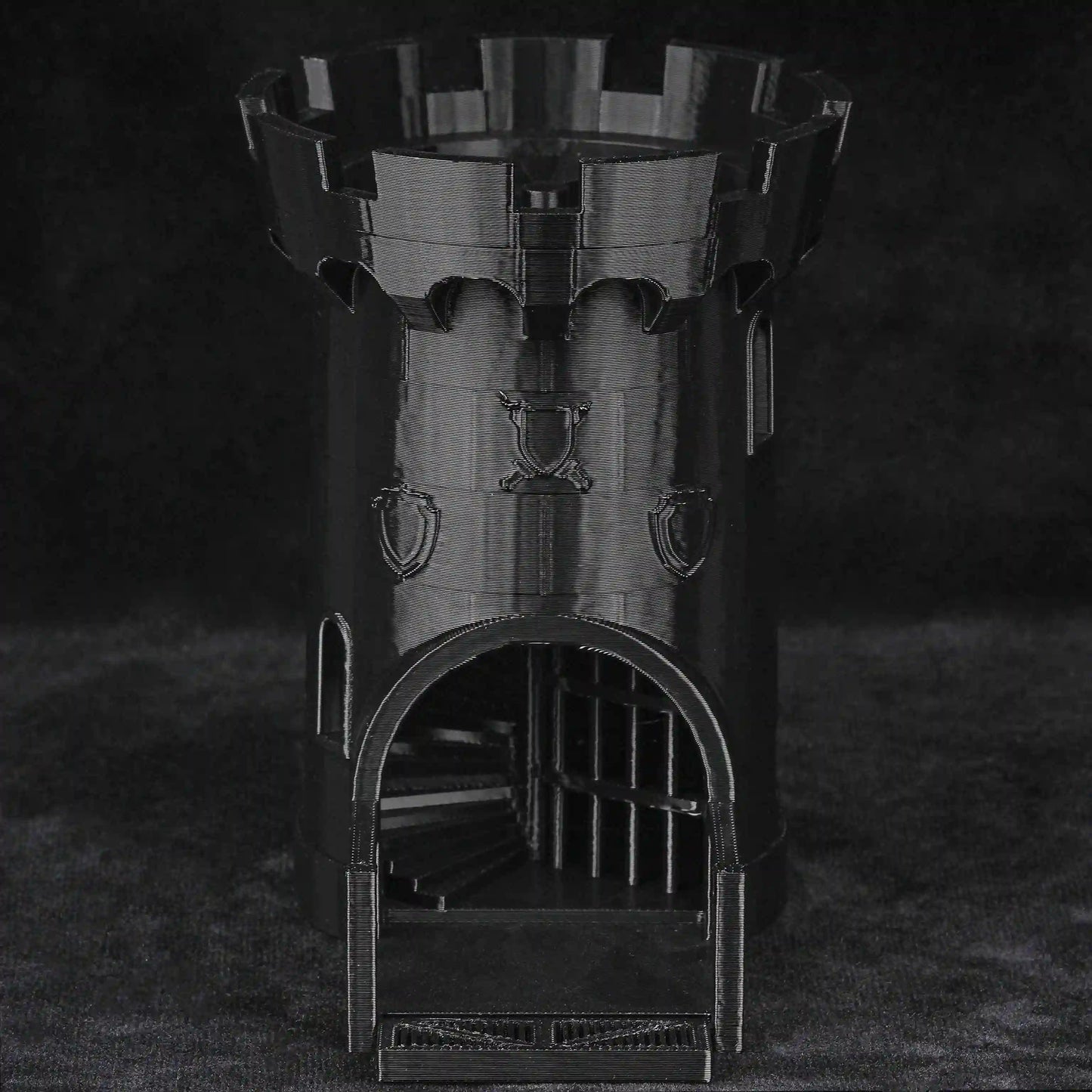 3D printed black medieval castle model ideal for DND dice tower