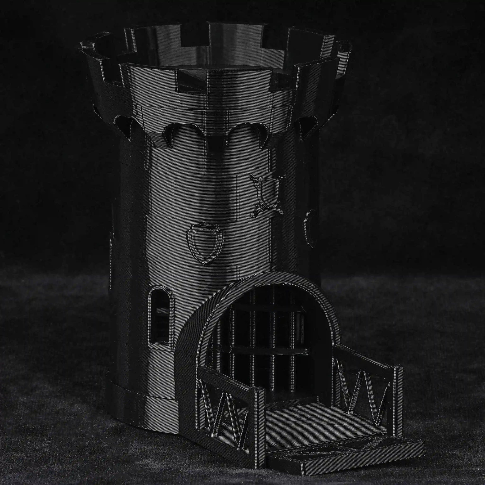 3D printed black Dungeons & Dragons medieval castle dice tower that can accommodate standard-sized polyhedral dice | Bear Dice