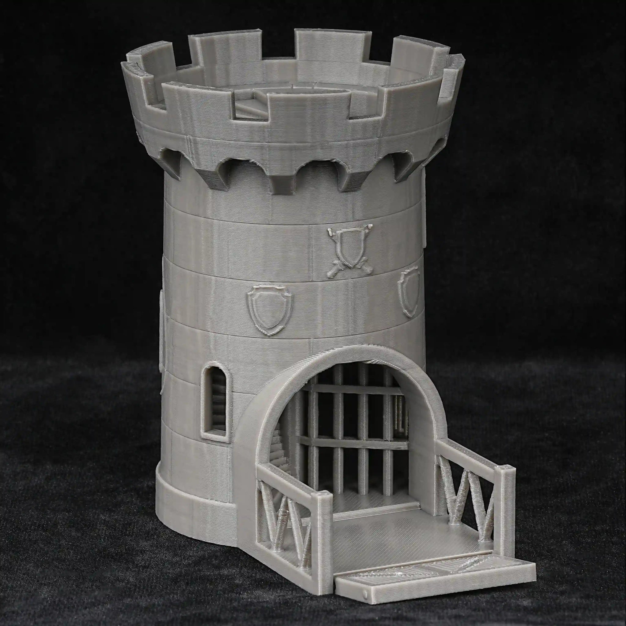 3D printed grey Dungeons & Dragons medieval castle dice tower that can accommodate standard-sized polyhedral dice | Bear Dice