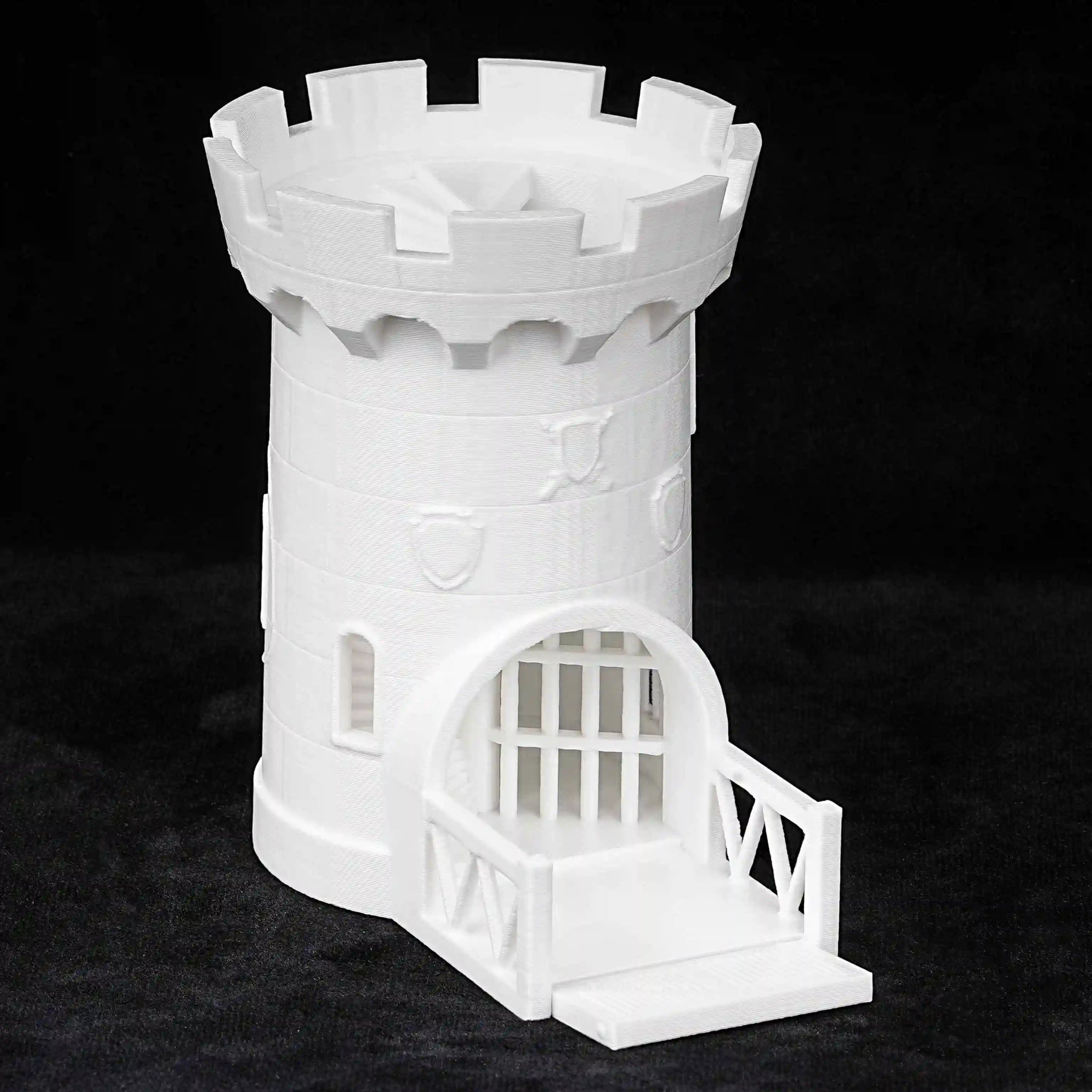 3D printed white Dungeons & Dragons medieval castle dice tower that can accommodate standard-sized polyhedral dice | Bear Dice