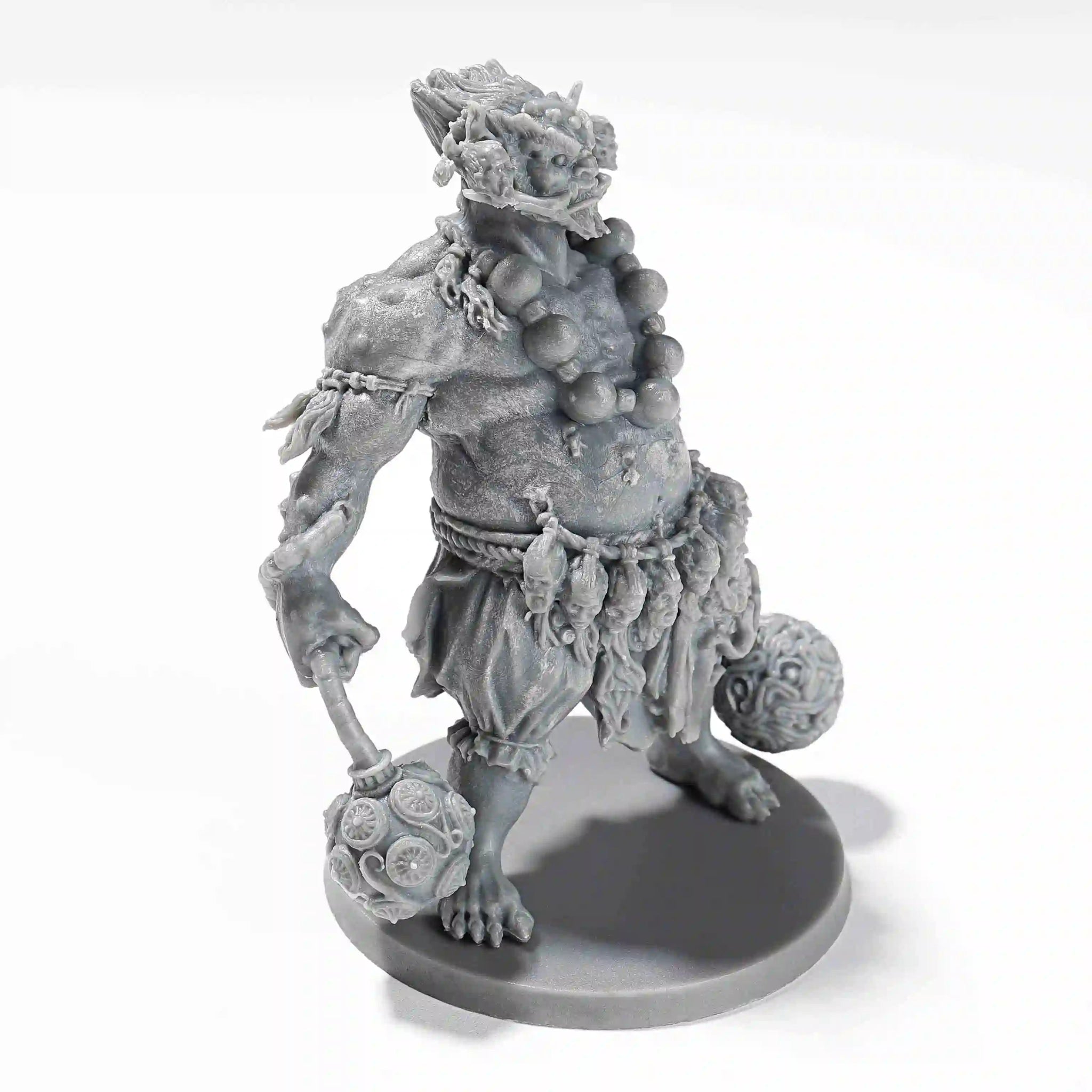 3D printed RPG skull dual-bola Hercules model shown sideways, with a round base | Bear Dice