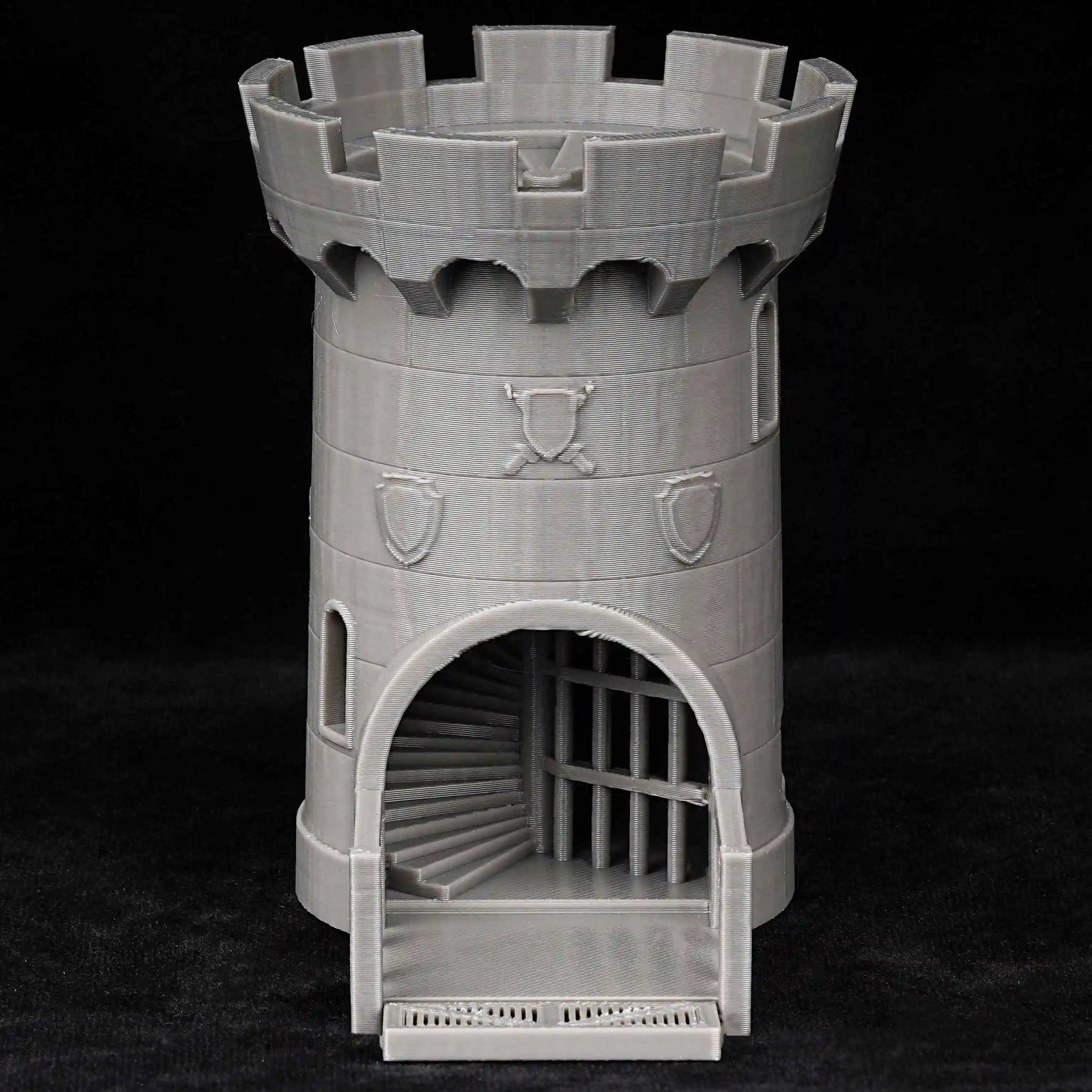 3D-printed grey medieval castle dice tower for Dungeons & Dragons, featuring a spiral staircase and dice track | Bear Dice