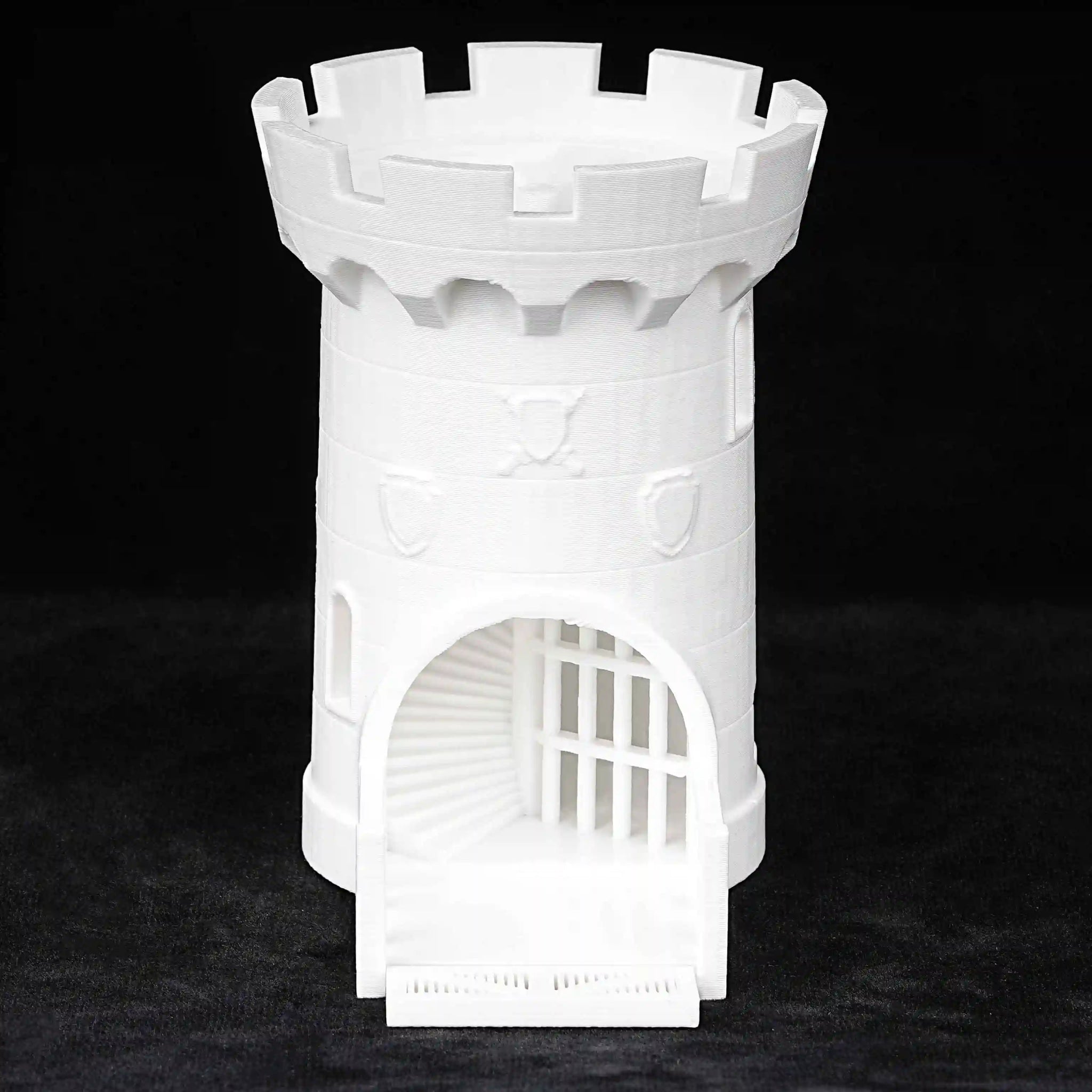 3D-printed white Dungeons & Dragons medieval castle dice tower with spiral staircase and dice track | Bear Dice