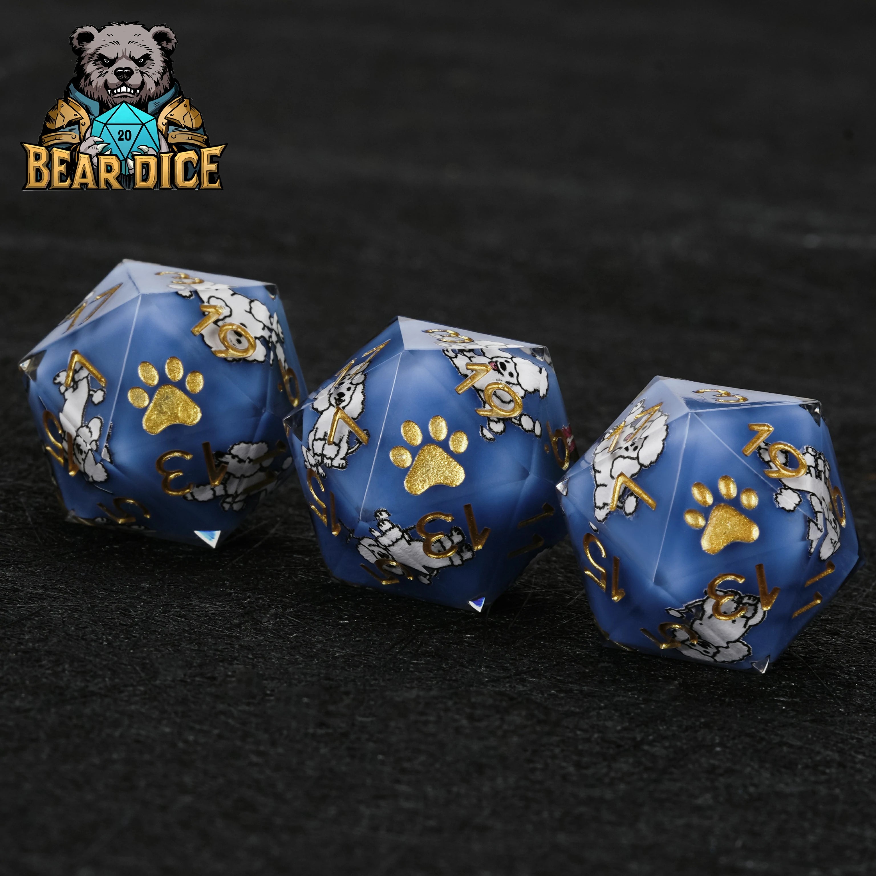 Blue Resin Poodle D20 Dice – DND D20 Dice with Cute Dog Design for Tabletop RPG