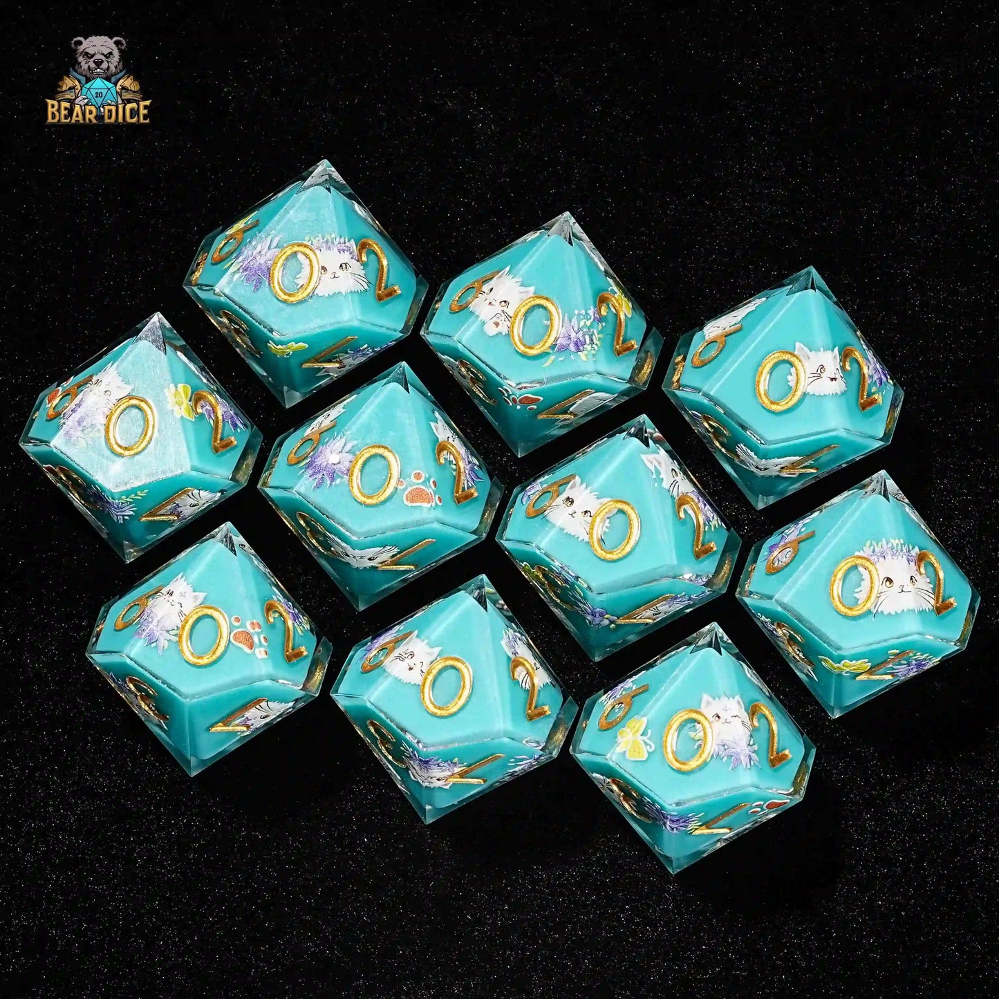 10D10 Blue Solid Resin Dice - Cute Kitty Cat | Bear Dice