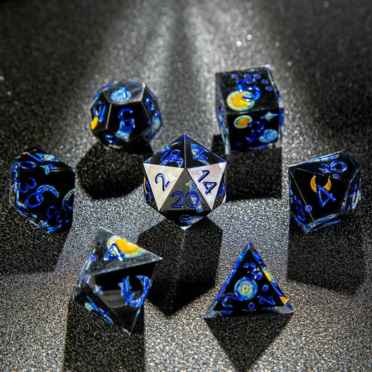 Van Gogh Dark Blue Resin DND Dice Set + Blue Font | Bear Dice