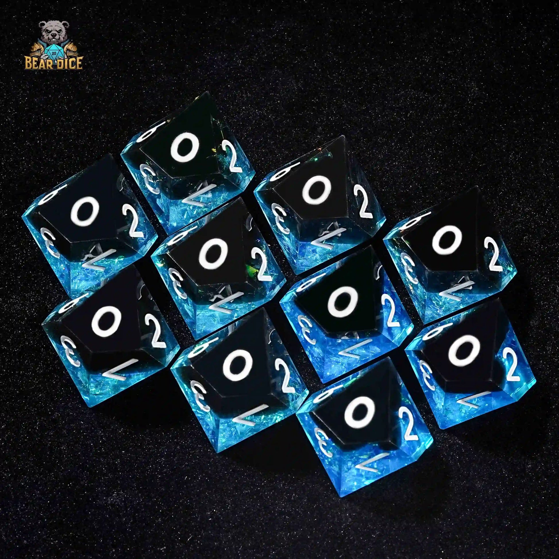 10D10 Phantom Blue Black Solid Resin Dice | Bear Dice