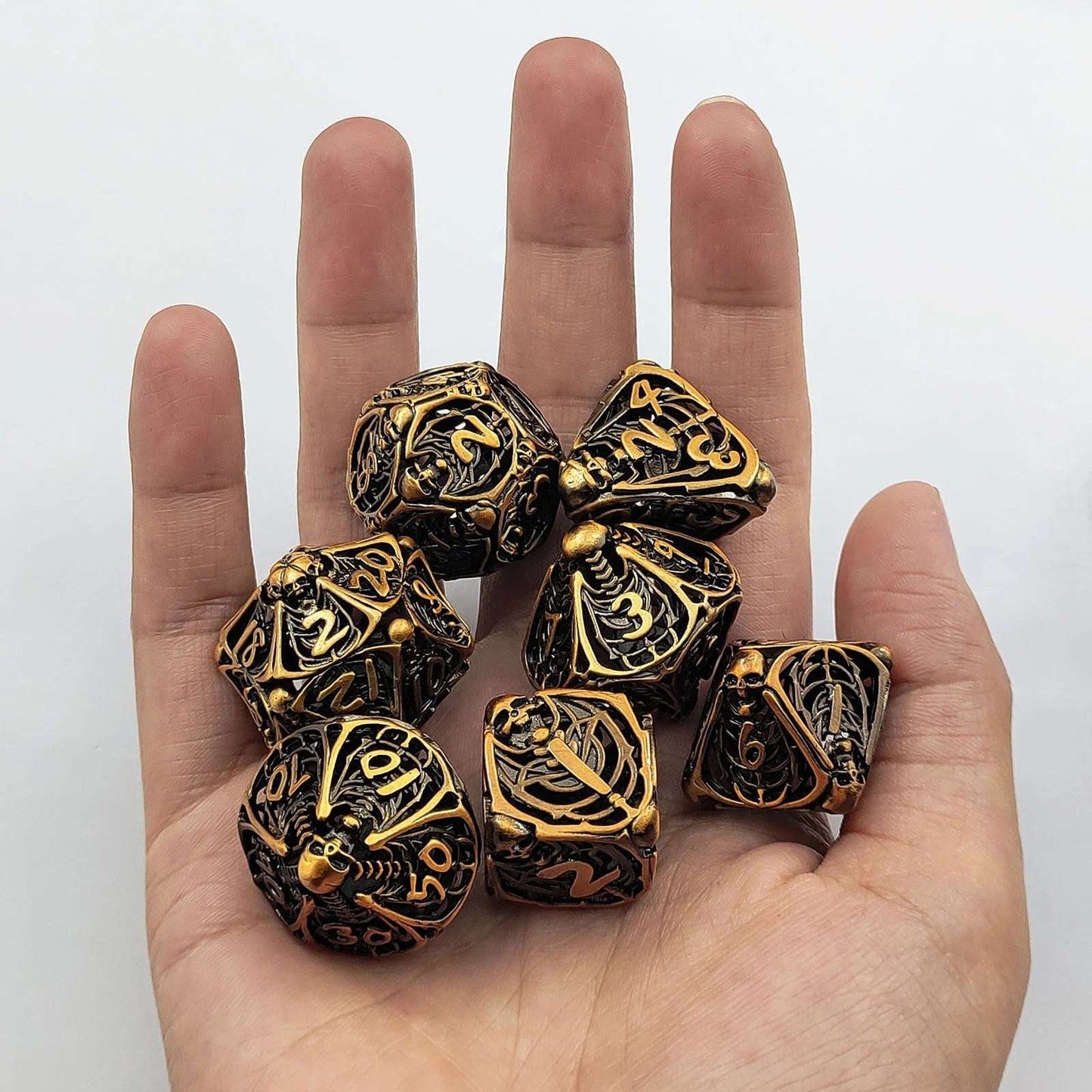 7 Vintage Bronze Skeleton Metal Polyhedron DND Dice | Bear Dice