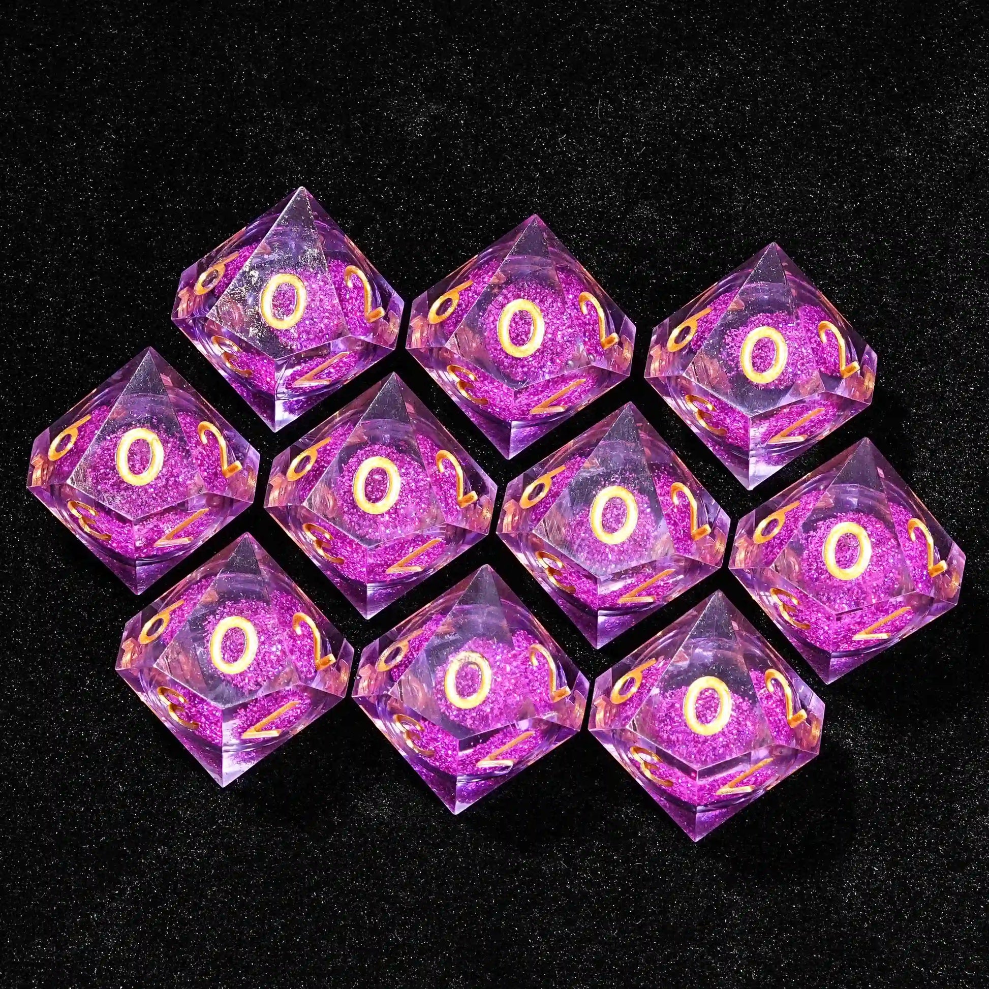 10 purple quicksand liquid core D10 resin dice with gold lettering | Bear Dice