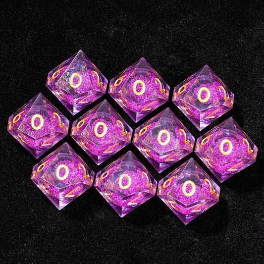 10 purple quicksand liquid core D10 resin dice with gold lettering | Bear Dice